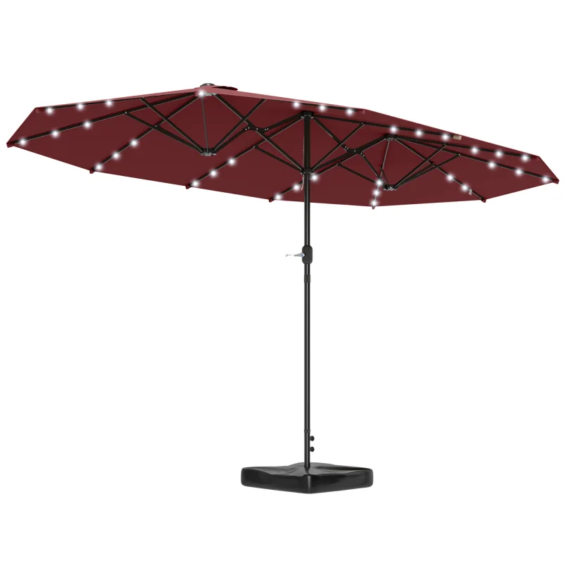 Garden Parasol 14.4ft Double-Sided Sun Umbrella with Base, Patio Parasol with LED Solar Lights, Wine Red