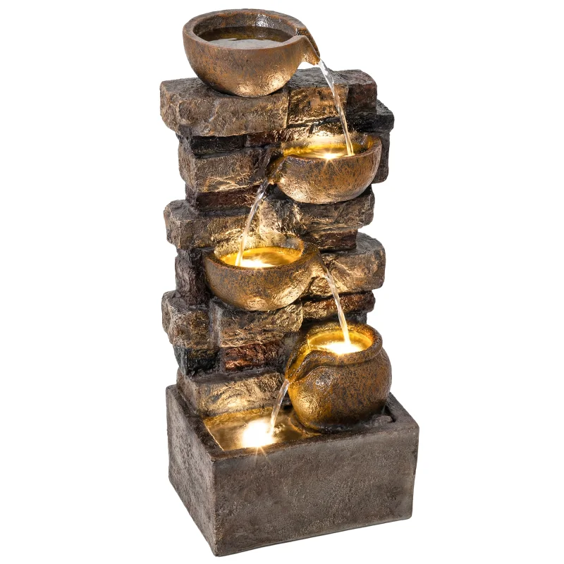 28" Outdoor Fountain with 5-Tier Rustic Jugs, Cascading Waterfall with LED Lights, Adjustable Flow, Rustic Brown