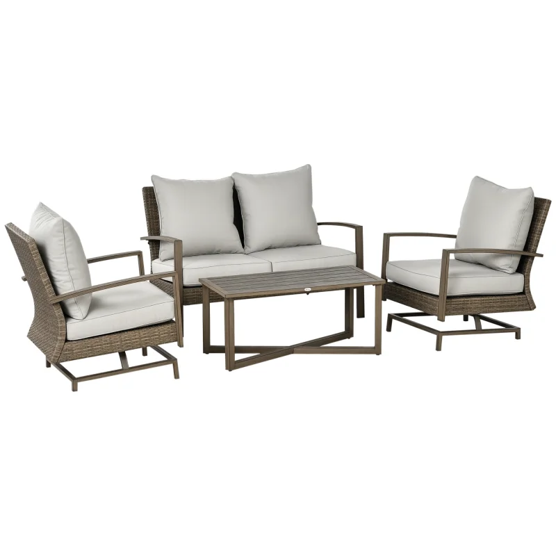  4 Piece Wicker Patio Furniture Set with 2 Rocking Chairs, Loveseat Sofa, Outdoor PE Rattan Conversation Set with Cushions, Aluminum Table for Porch, Poolside, Light Gray