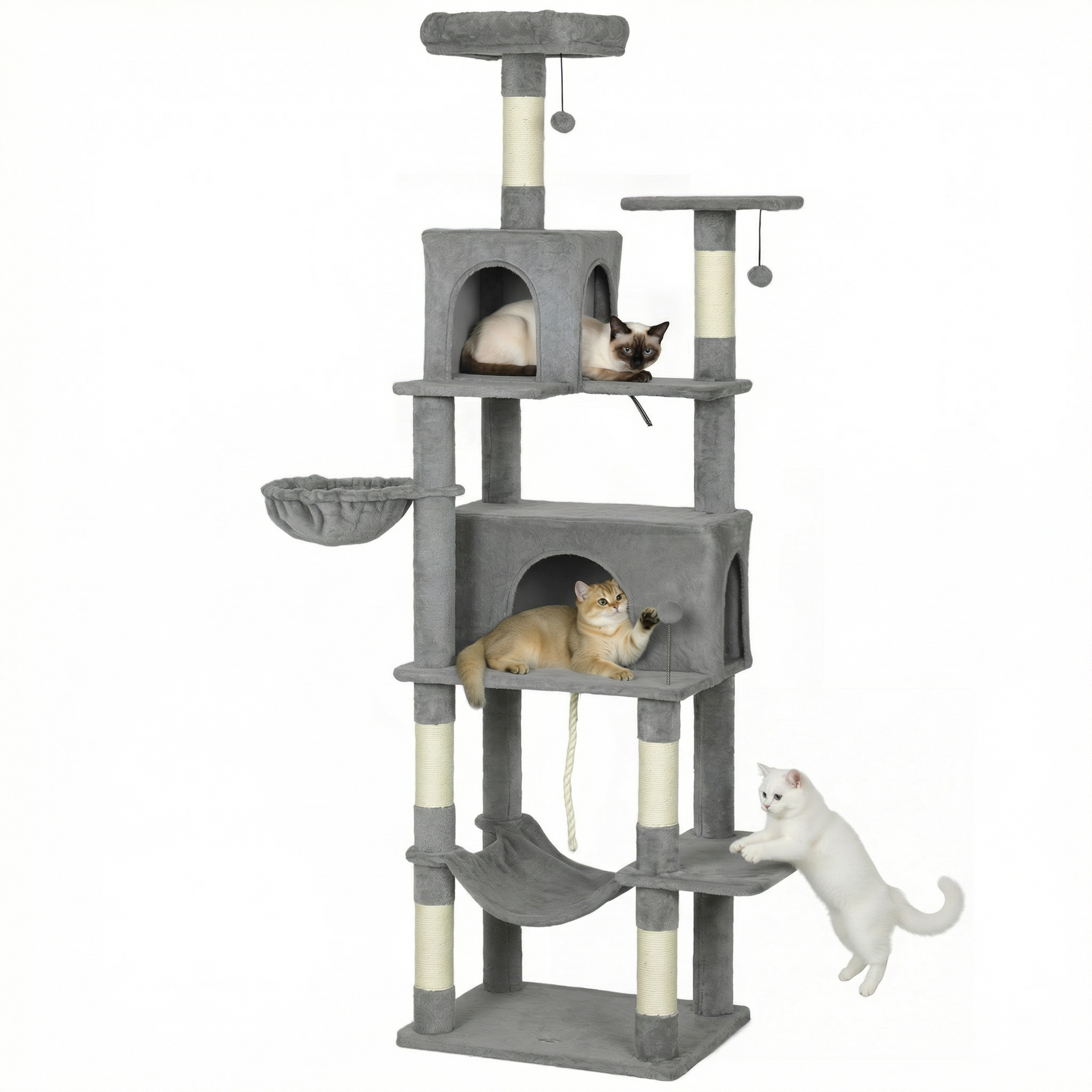 Multi-Level Cat Tower, 80" Tall Cat Tree, with 2 Condos, 2 Hammocks, 6 Sisal Scratching Posts, Dark Gray