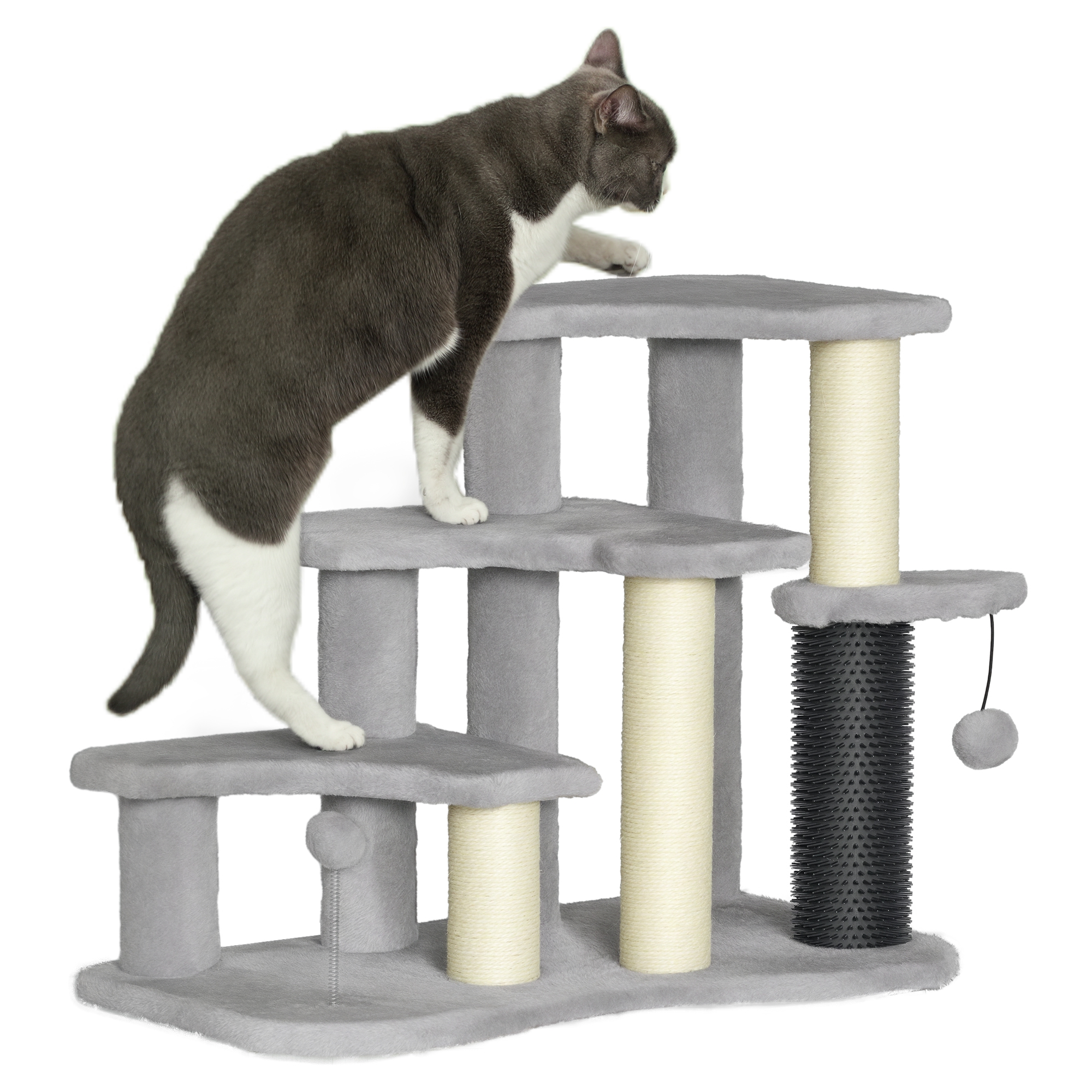 2 in 1 Cat Tree Tower 3-Step Pet Stairs with Scratching Posts, Tickling Post, Toy Balls, for High Beds, Couch
