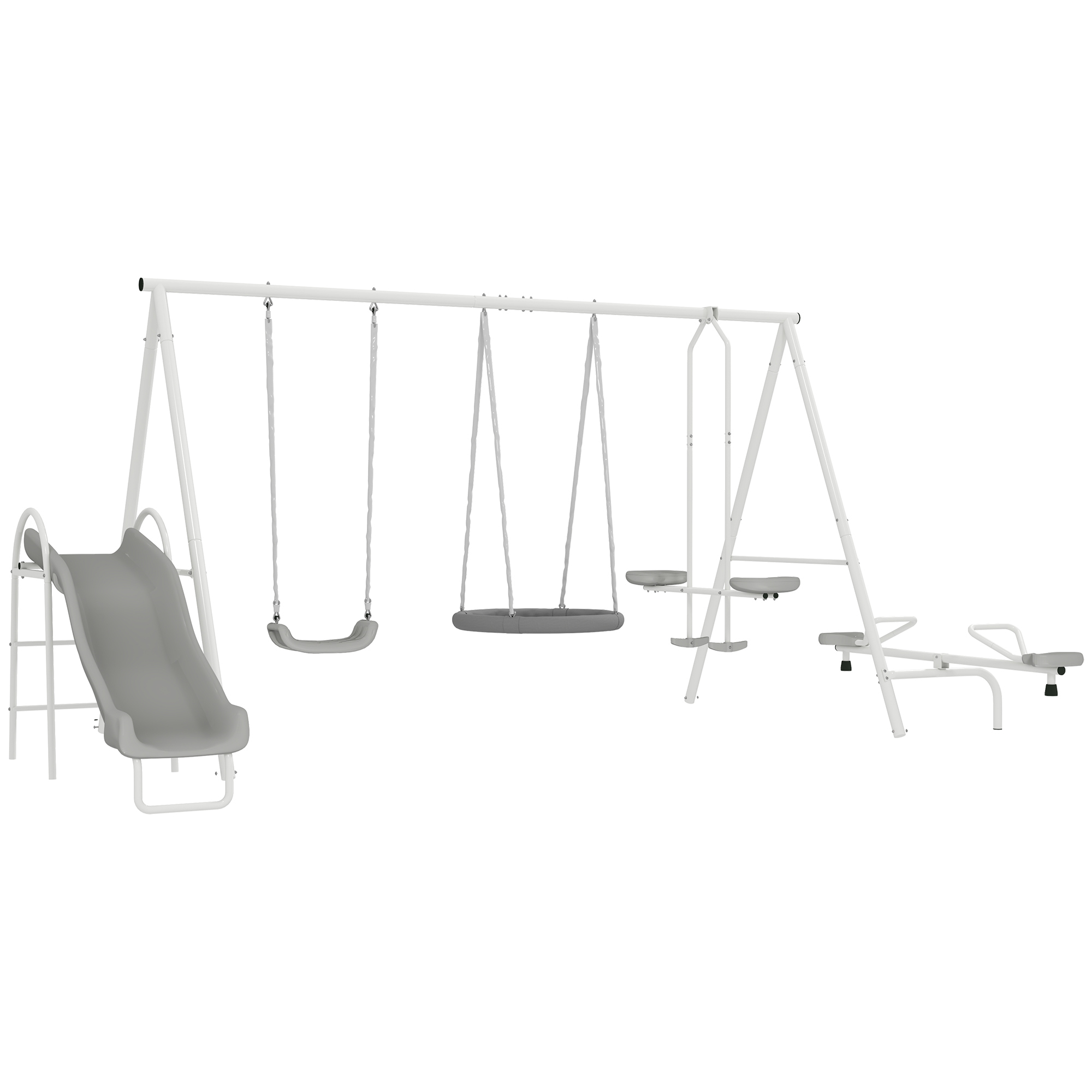 5 in 1 Kids Swing Set for Backyard with Heavy-Duty A-Frame Stand, Saucer Swing, Slide, Seesaw, Glider, Swing Seat, Gray