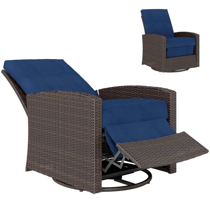  Outdoor Wicker Swivel Recliner Chair, Reclining Backrest, Lifting Footrest, 360° Rotating Basic, Water Resistant Cushions for Patio, Dark Blue