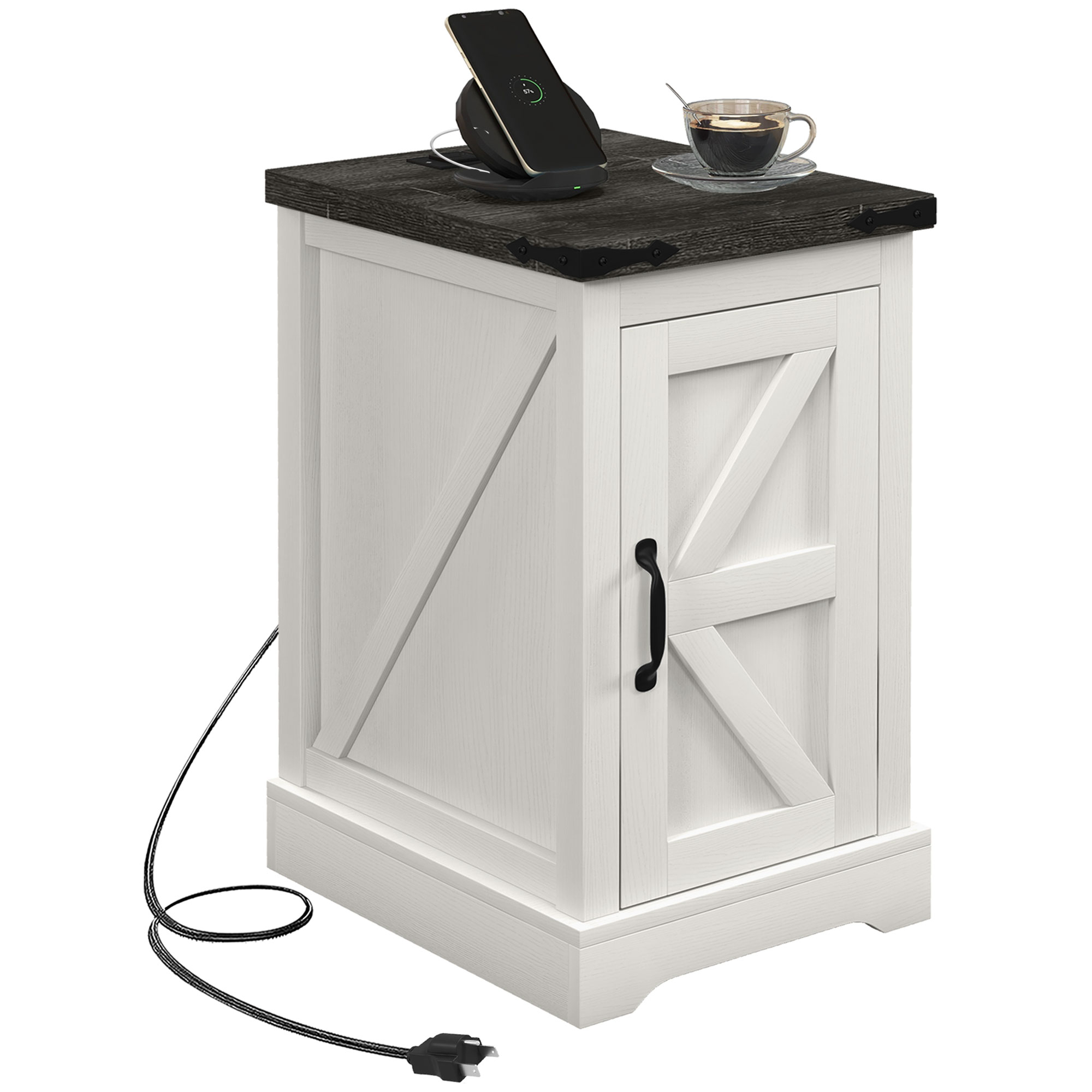 Farmhouse End Table with Storage, Side Table with Charging Station and USB Ports for Living Room, Distressed White
