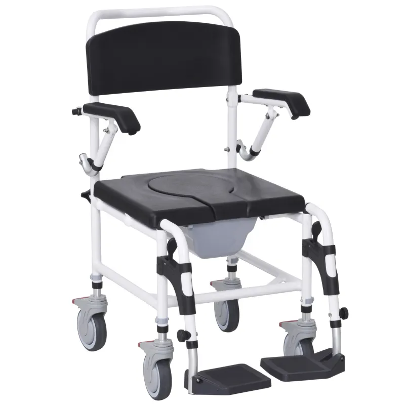 Accessibility Commode Wheelchair, Rolling Shower Wheelchair with 4 Castor Wheels, Rectangle Detachable Bucket, & Waterproof Design, 17" Seat Width, Black