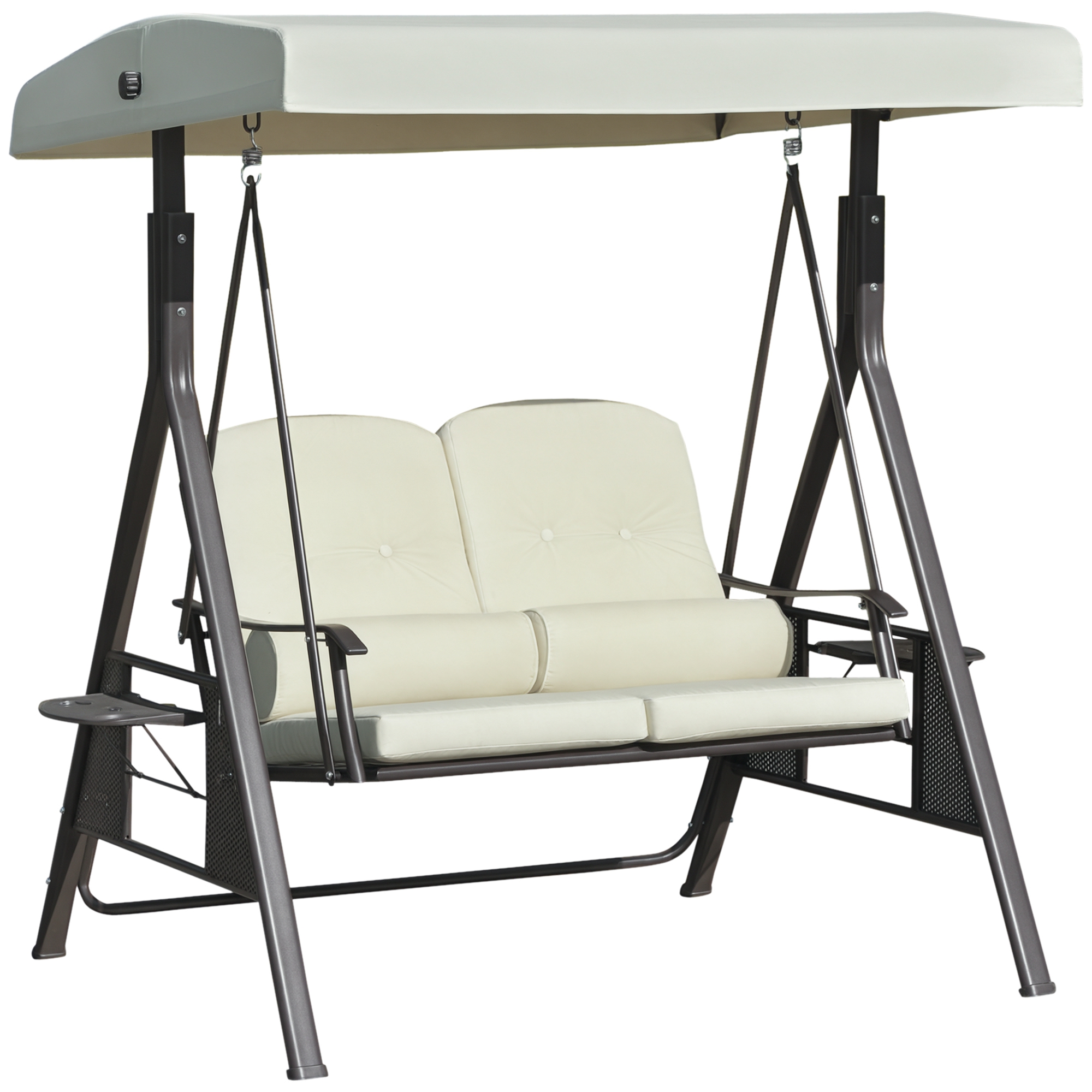  2-Person Patio Swing Bench with Adjustable Shade Canopy, Soft Cushions, Throw Pillows and Tray, Beige.
