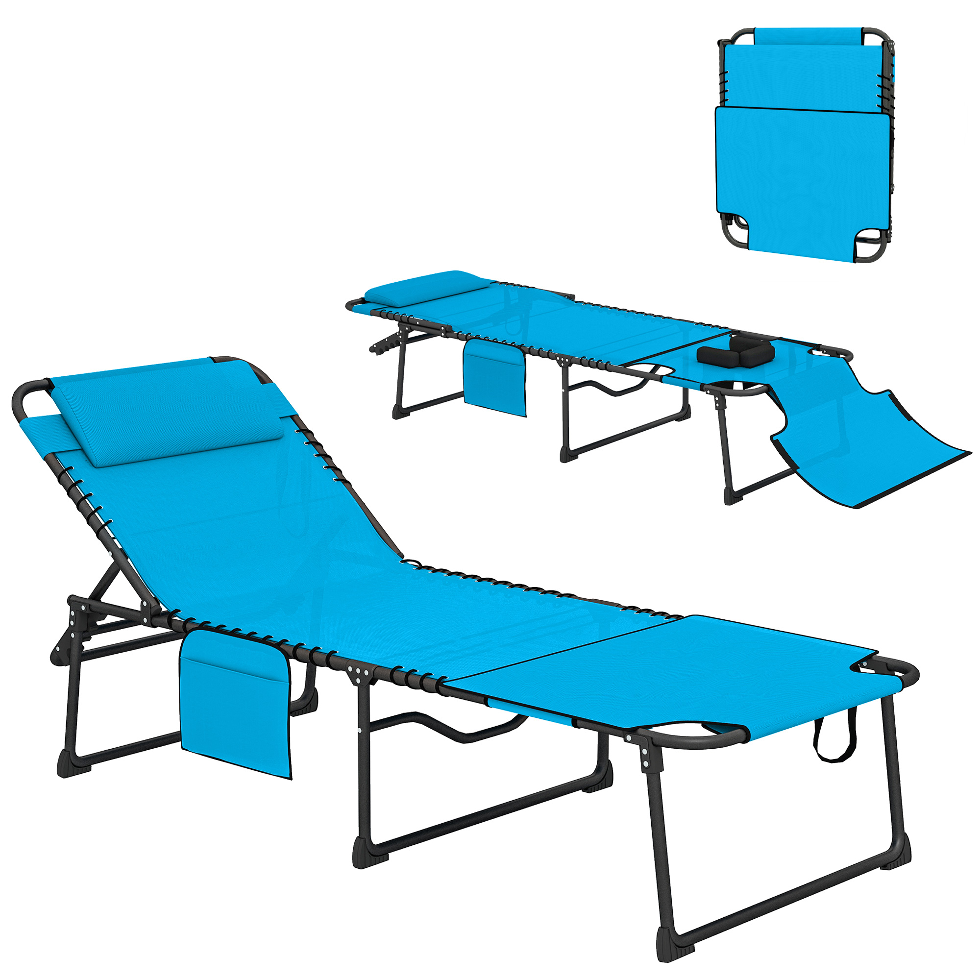 Folding Chaise Tanning Lounge Chair w/ 5-level Reclining Back, Reading Hole, Side Pocket, Headrest, Blue