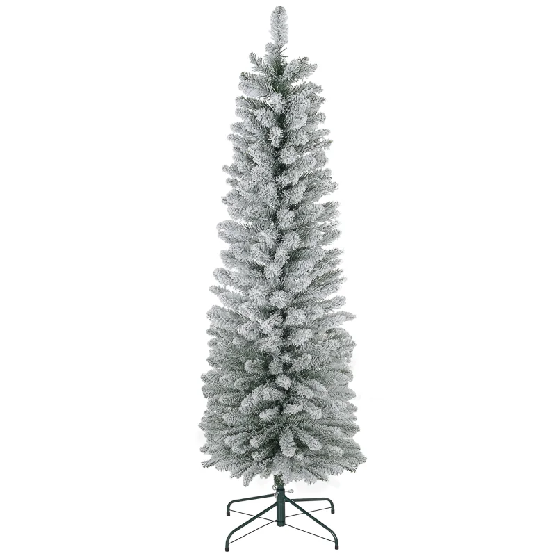 6ft Artificial Christmas Tree, Snow Flocked Branches, Metal Base, Pencil Xmas Tree