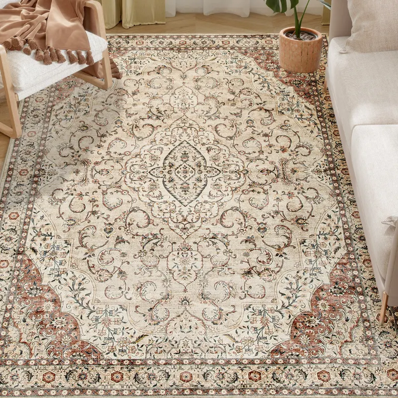 Area Rug 5x7, Machine Washable Rug, Non-Slip Classical Floral Print Floor Carpet for Living Room, Bedroom, Mixed-Brown