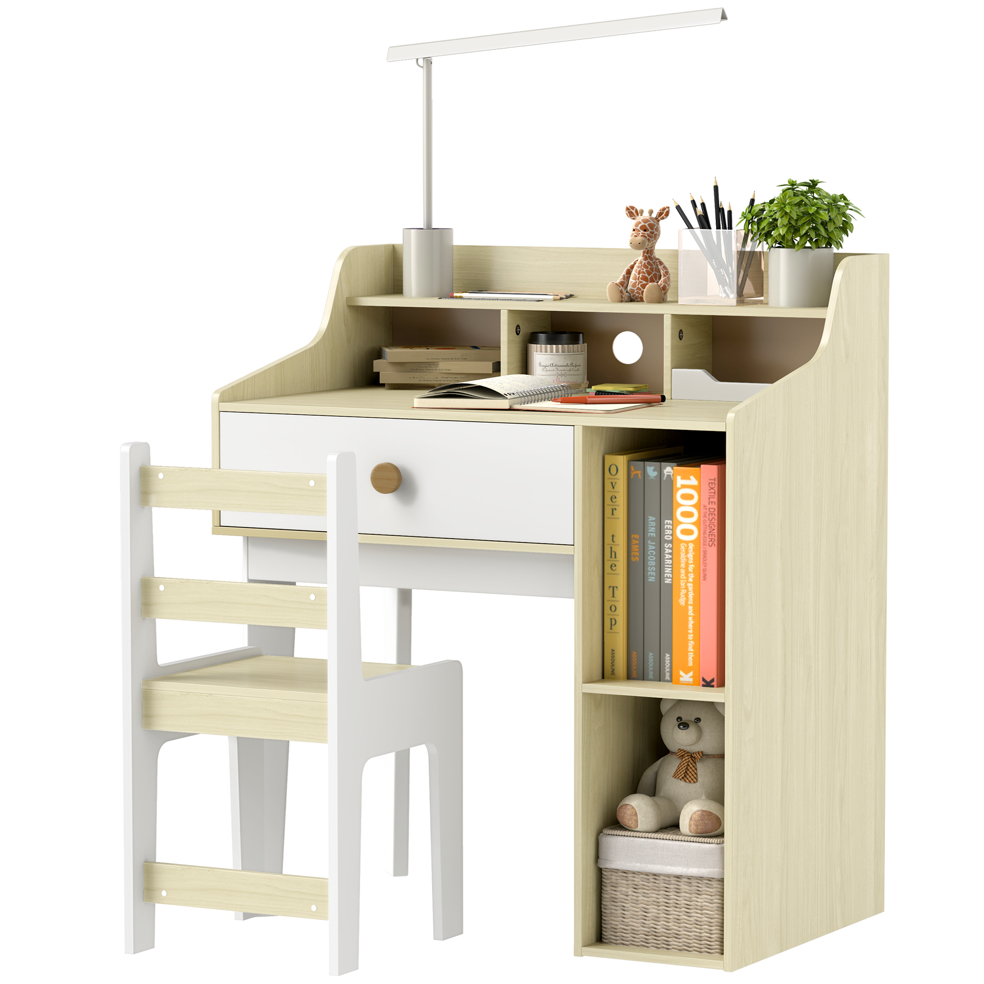 Kids Desk and Chair Set with Storage Shelves, Drawer for 3-10 Years, White