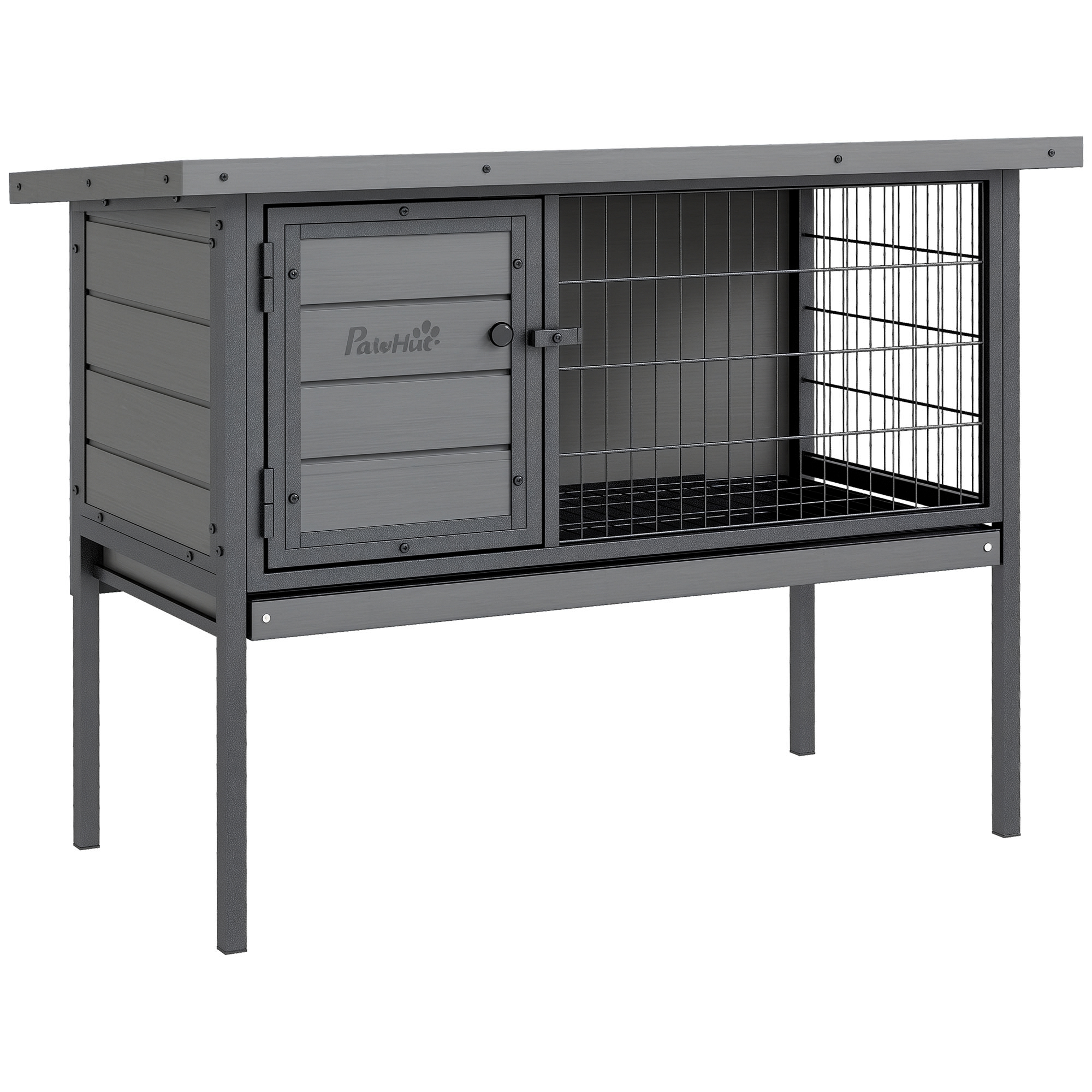 Wooden Rabbit Hutch Elevated with No Leak Tray, Openable Roof for Indoor/Outdoor, Gray