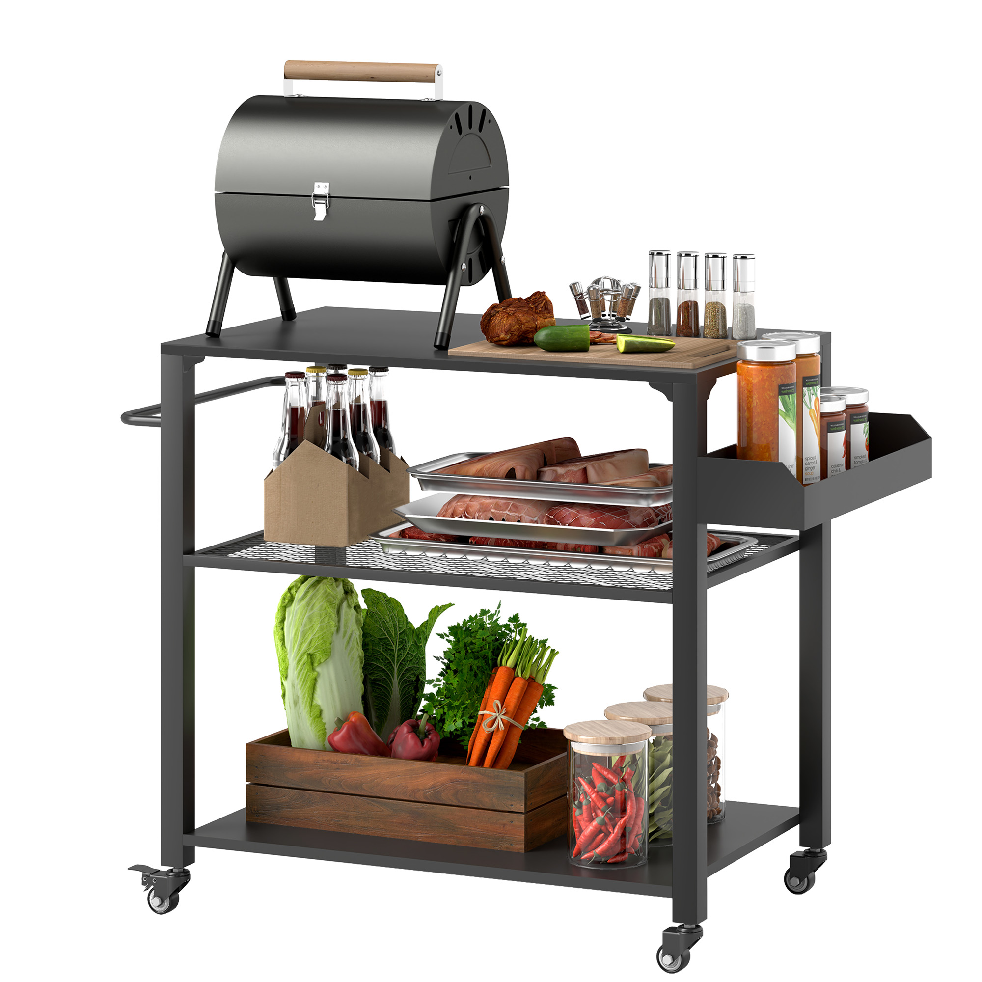 3-Tier Outdoor Grill Cart with Storage Racks, Side Handle, Movable Pizza Oven Table on Wheels