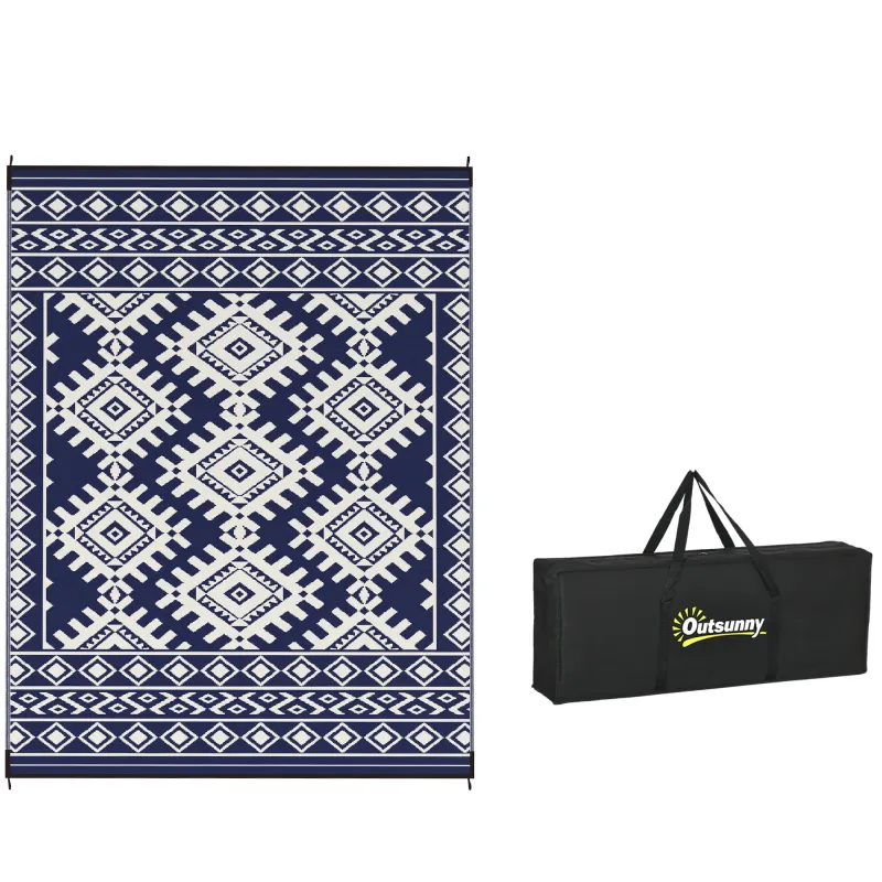 Reversible Outdoor Rug, Waterproof Plastic Straw with Carry Bag, 9' x 12', Blue & White Rhombus Border