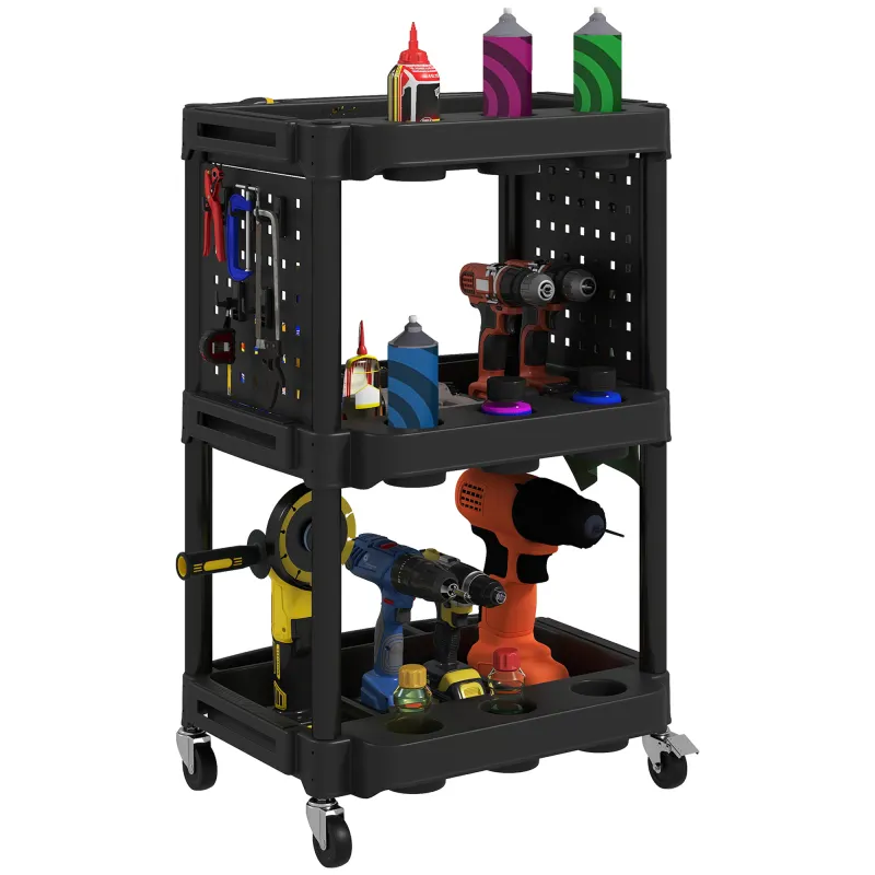 3-Tier Rolling Tool Cart, 200 LBS Capacity Plastic Utility Cart with Side Shelves for Garage, Workshop, Black