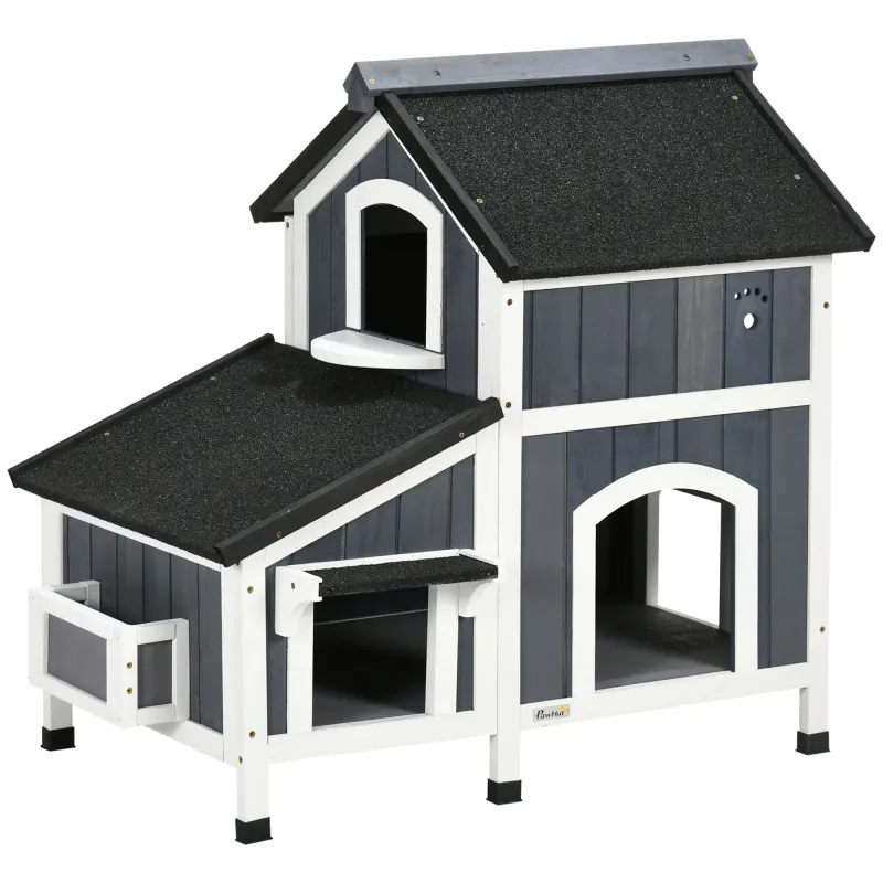  Outdoor Cat House with Weather-resistant Roof & Garden Bed, Outdoor Cat Shelter Enclosure with Multiple Entrances, Modern Cat Furniture Hideout, Cat Gifts, Gray