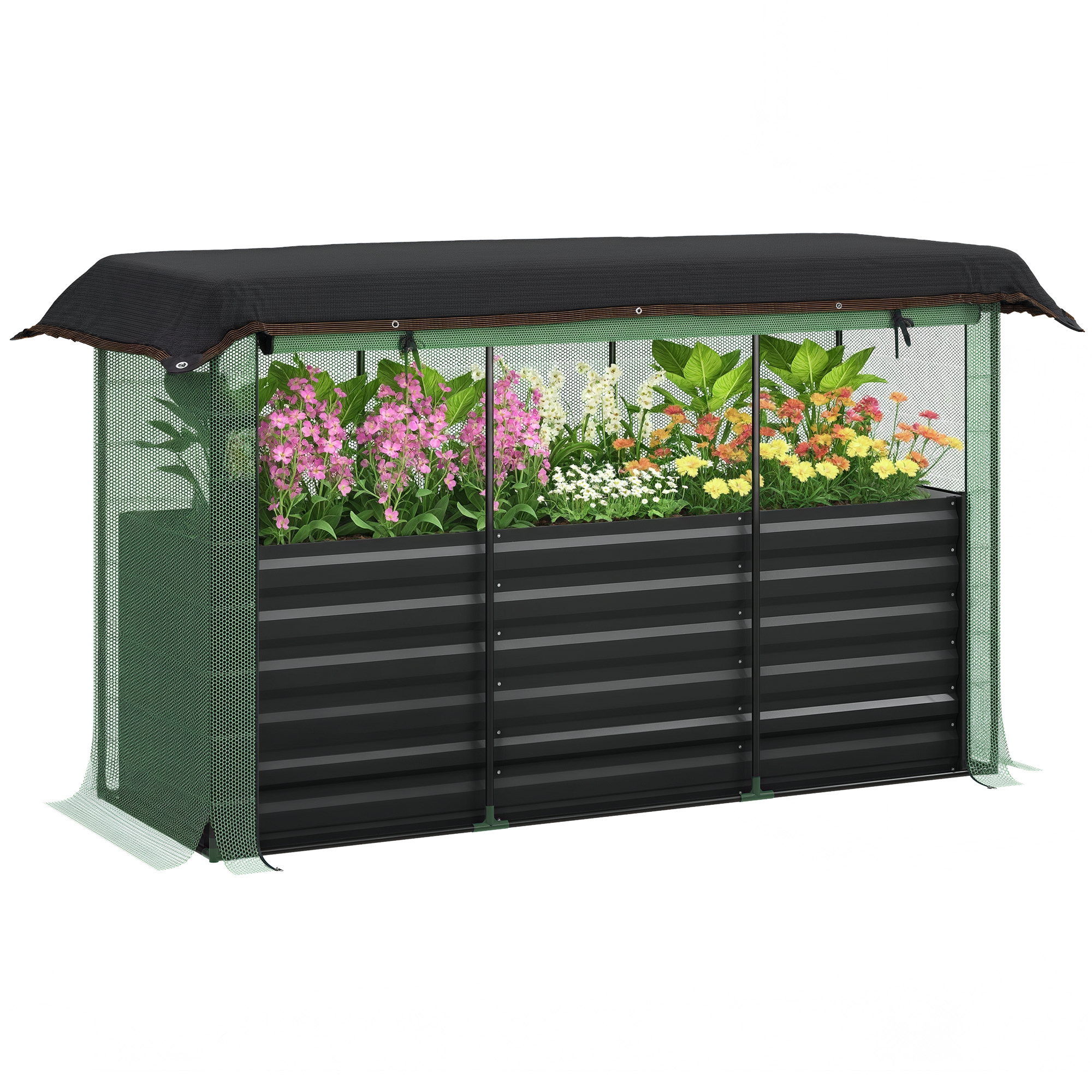 Galvanized Steel Planter Box with Crop Cage and Shade Cloth, Raised Garden Bed for Flowers, Veggies and Herbs, Dark Gray