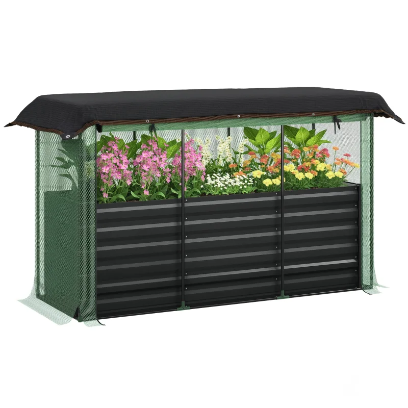 Galvanized Steel Planter Box with Crop Cage and Shade Cloth, Raised Garden Bed for Flowers, Veggies and Herbs, Dark Gray