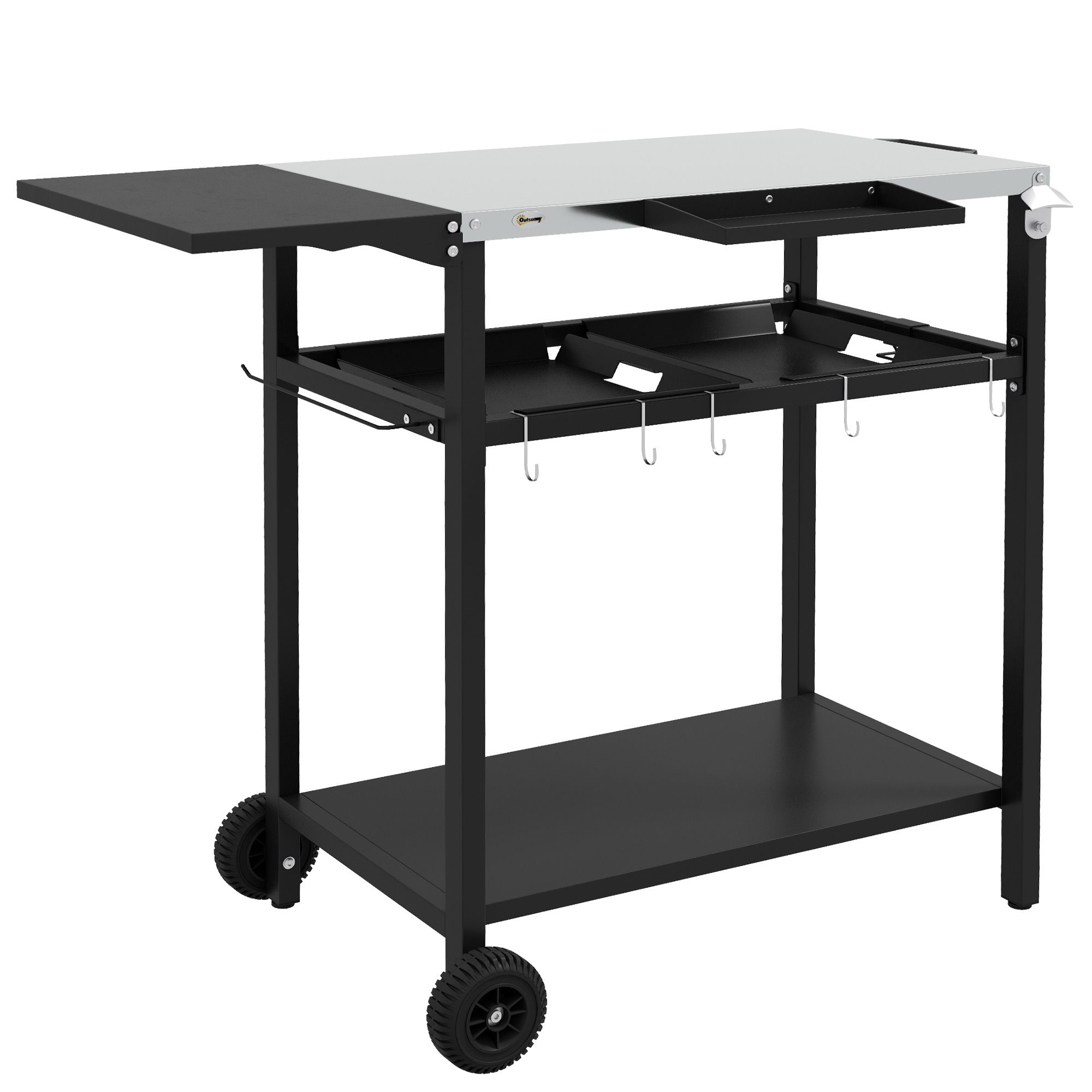 2-Tier Shelf Outdoor Bar Cart, Stainless Steel Tabletop Patio Serving Cart with Accessories for Poolside, Garden, Black