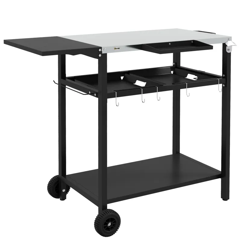 2-Tier Shelf Outdoor Bar Cart, Stainless Steel Tabletop Patio Serving Cart with Accessories for Poolside, Garden, Black
