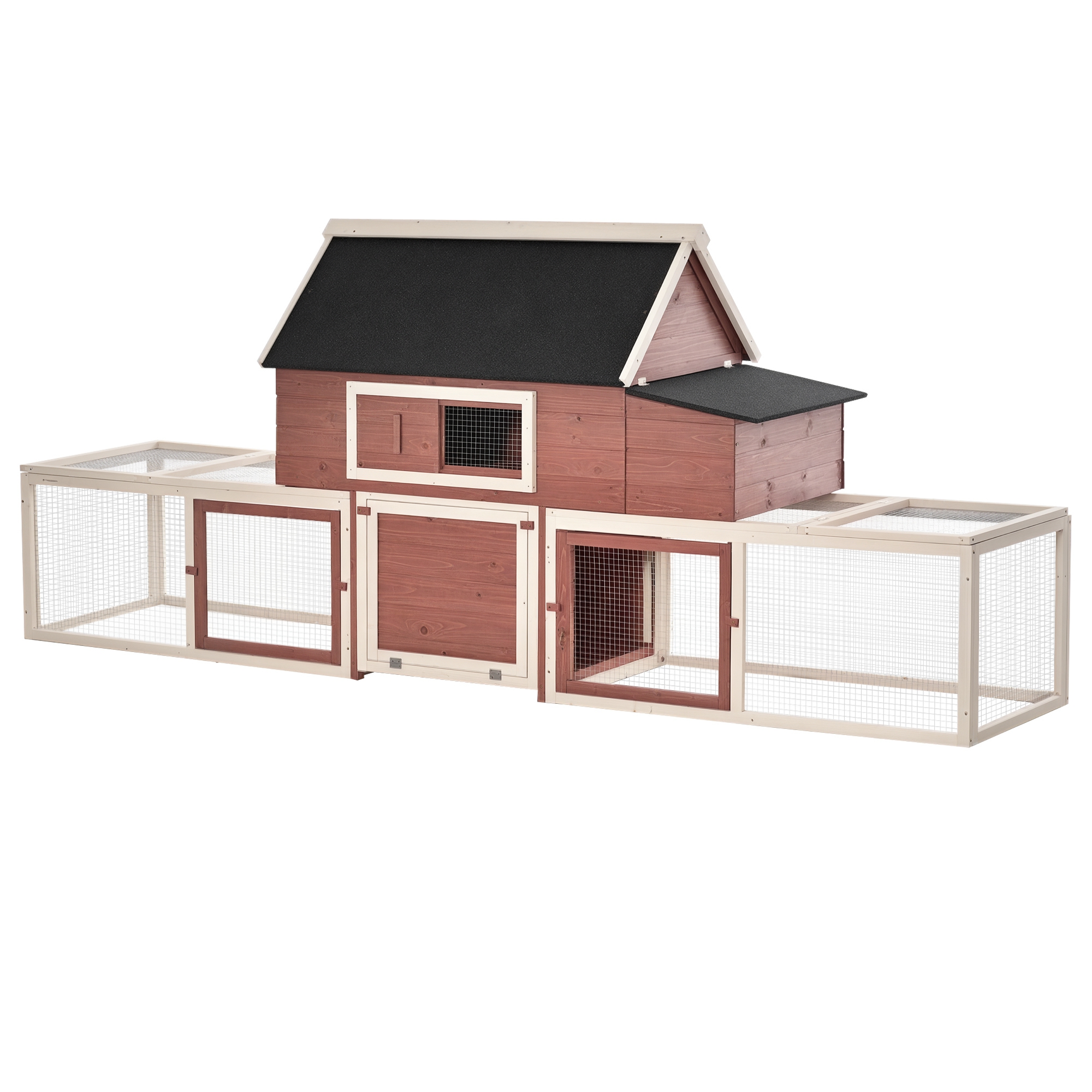 Wooden Chicken Coop, Outdoor Chicken Cage Poultry Hen House with Nesting Box, Double Runs, Asphalt Roof, Ramp