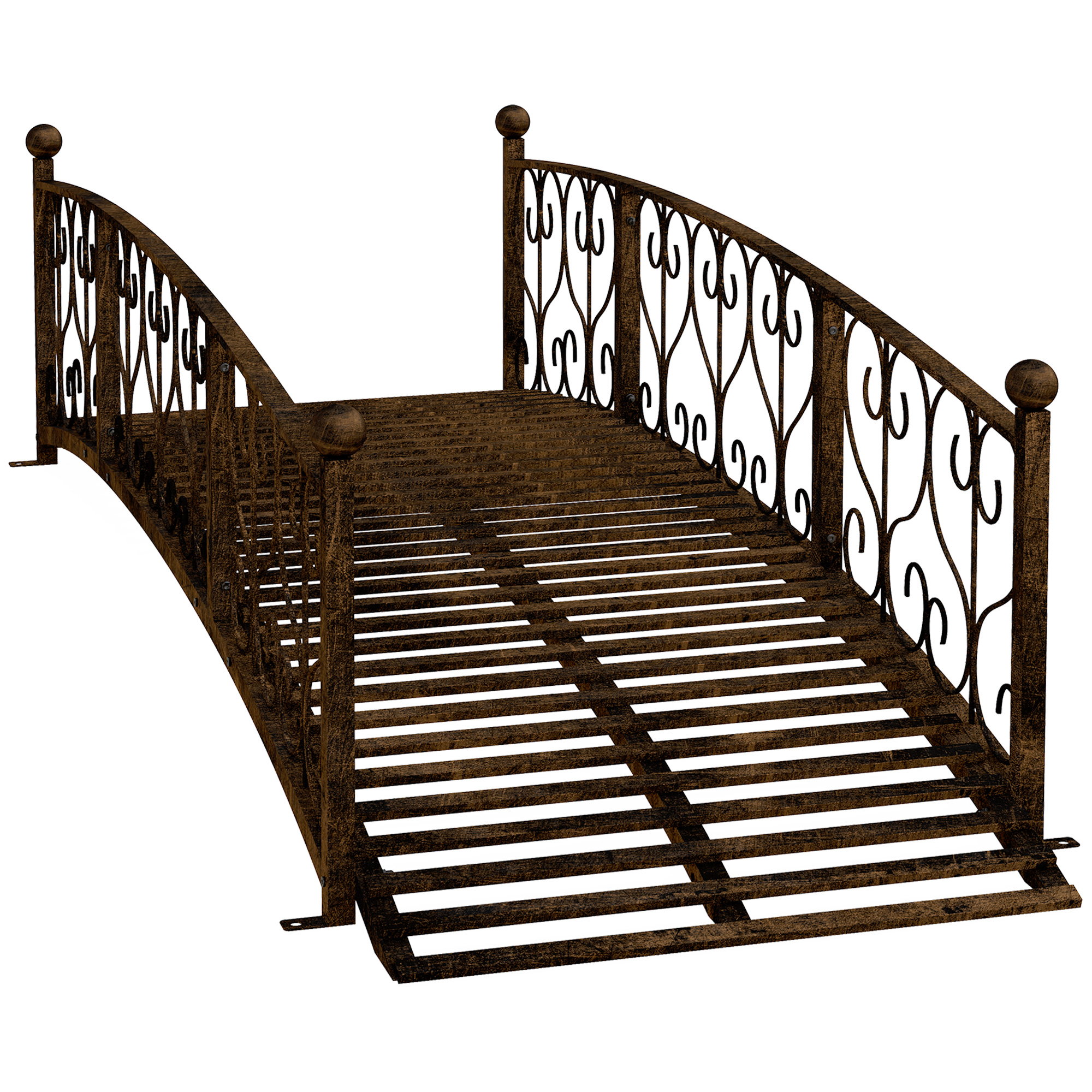 7' Metal Arch Garden Bridge Arc Footbridge with Side Railings Decorative Scrollwork, Bronze