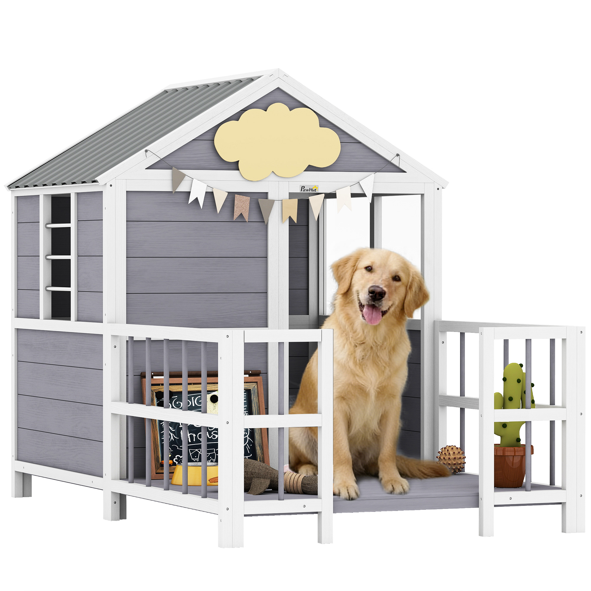 Outdoor Dog House, 61"L Wooden Dog House with Porch, Weatherproof Roof, Elevated Base, Air Vents & Observation Windows