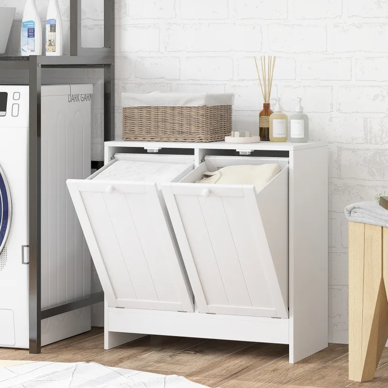 Tilt-out Laundry Storage Cabinet with 2 Compartment Hampers, White