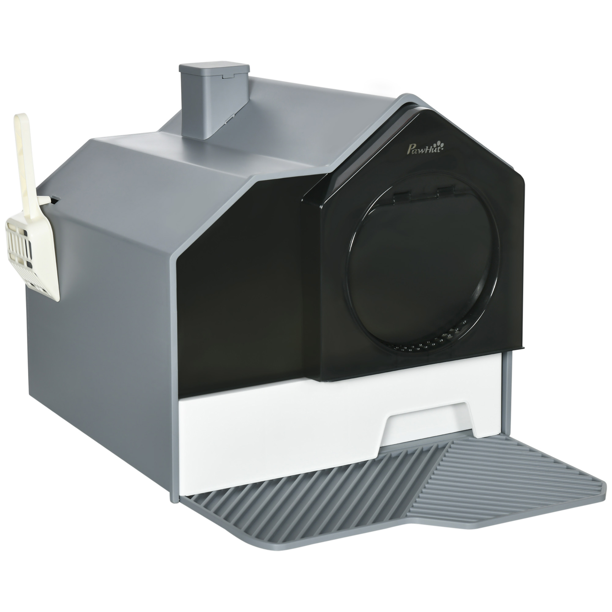 Hooded Cat Litter Box w/ Litter Mat, Litter Particle Catching, Gray