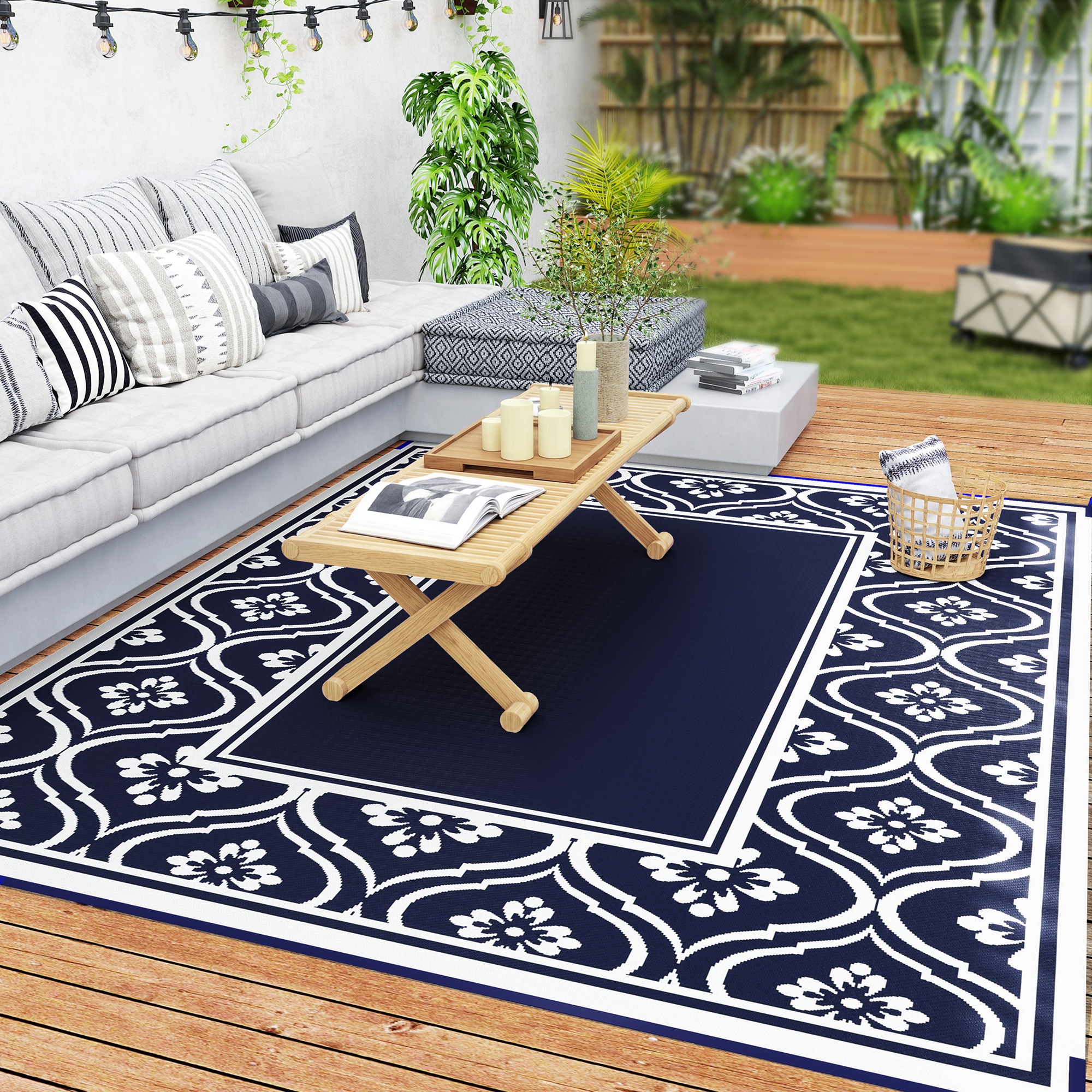 Reversible Outdoor Rug, Waterproof Plastic Straw with Carry Bag, 8' x 10', Blue & White Gourd Border