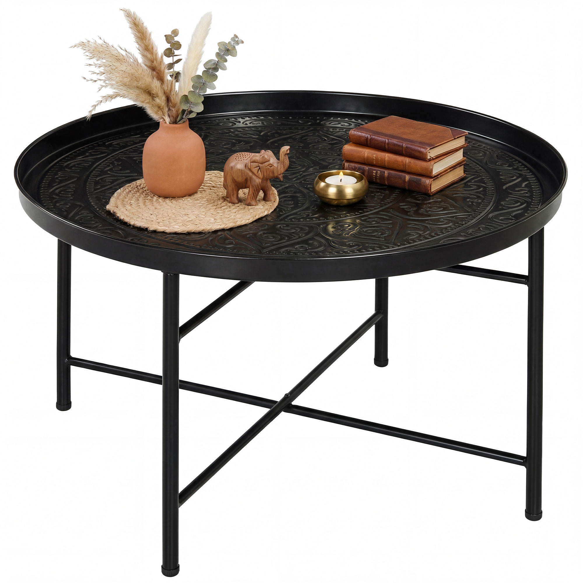 Coffee Table for Living Room, 24" Round Center Table with Hammered Tray Top and Metal Frame for Bedroom, Black