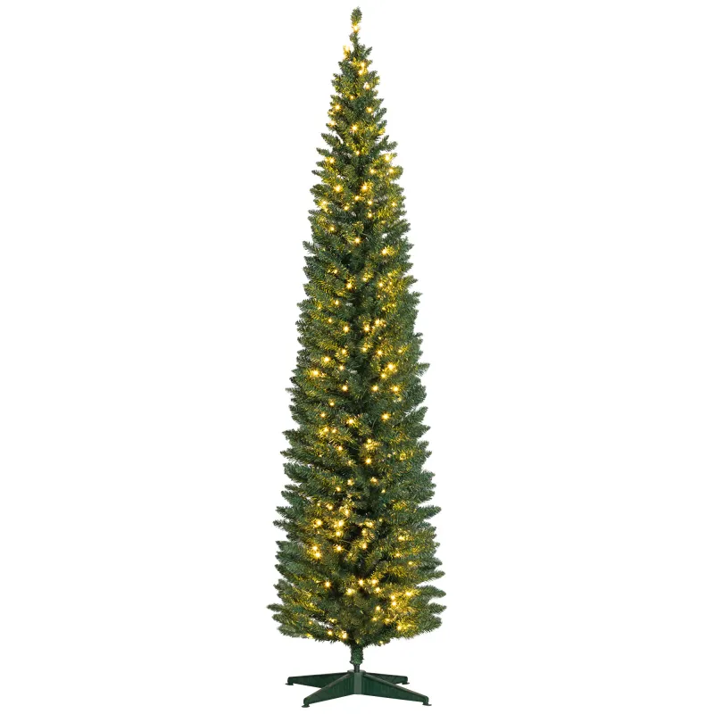 8ft Pencil Christmas Tree, Slim Artificial Christmas Tree with Realistic Branches and Warm White LED Lights, Green