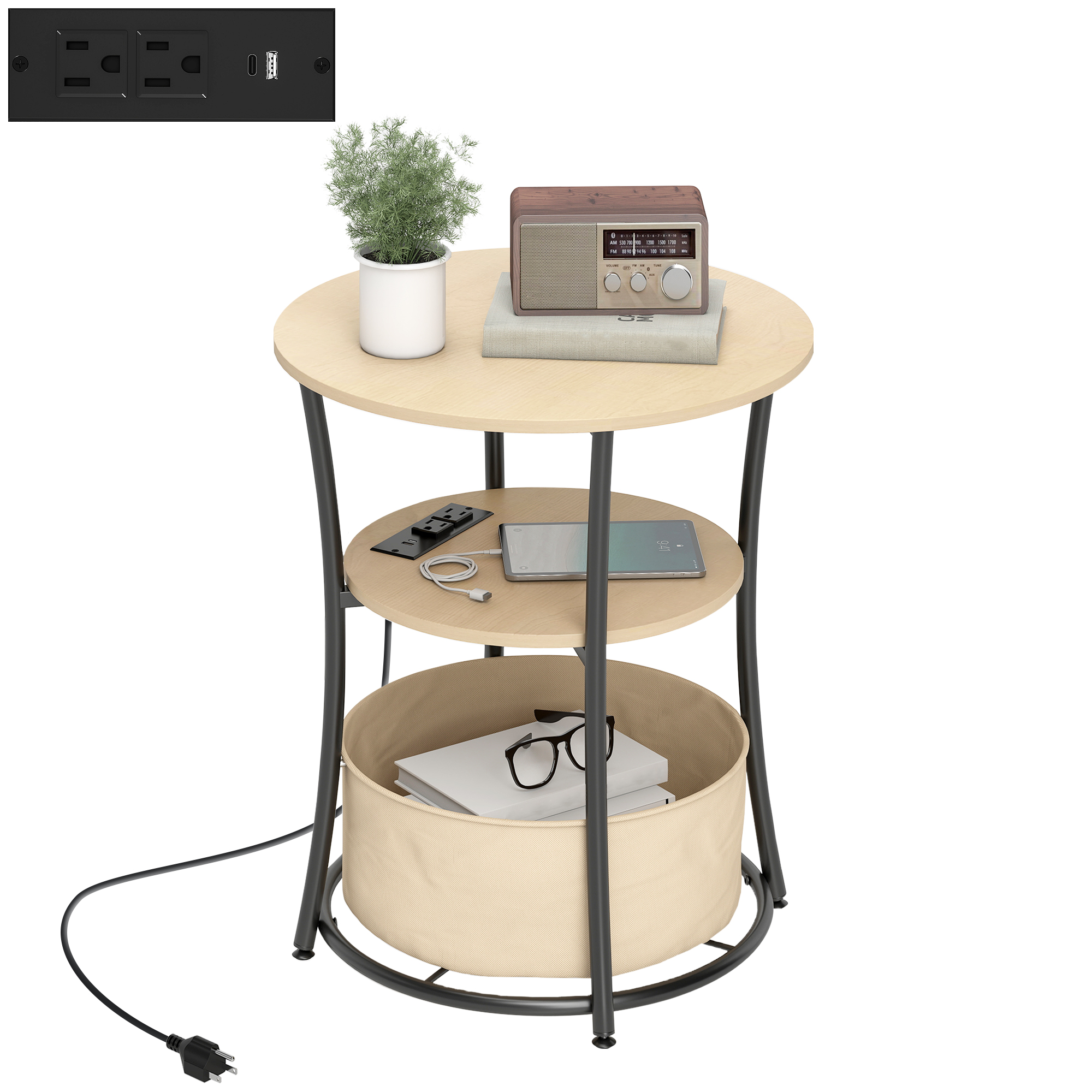 Round Side Table with Charging Station, 3-Tier End Table with Fabric Storage Bag and Shelf, Natural Wood