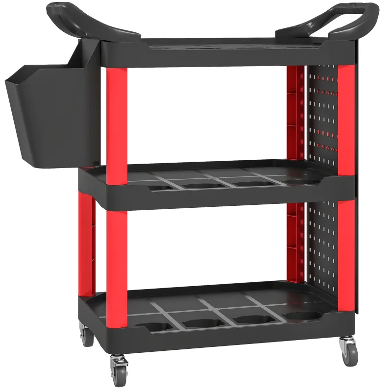3-Tier Rolling Tool Cart, 200 LBS Capacity Plastic Utility Cart with Side Shelf and Storage Bucket, Black & Red