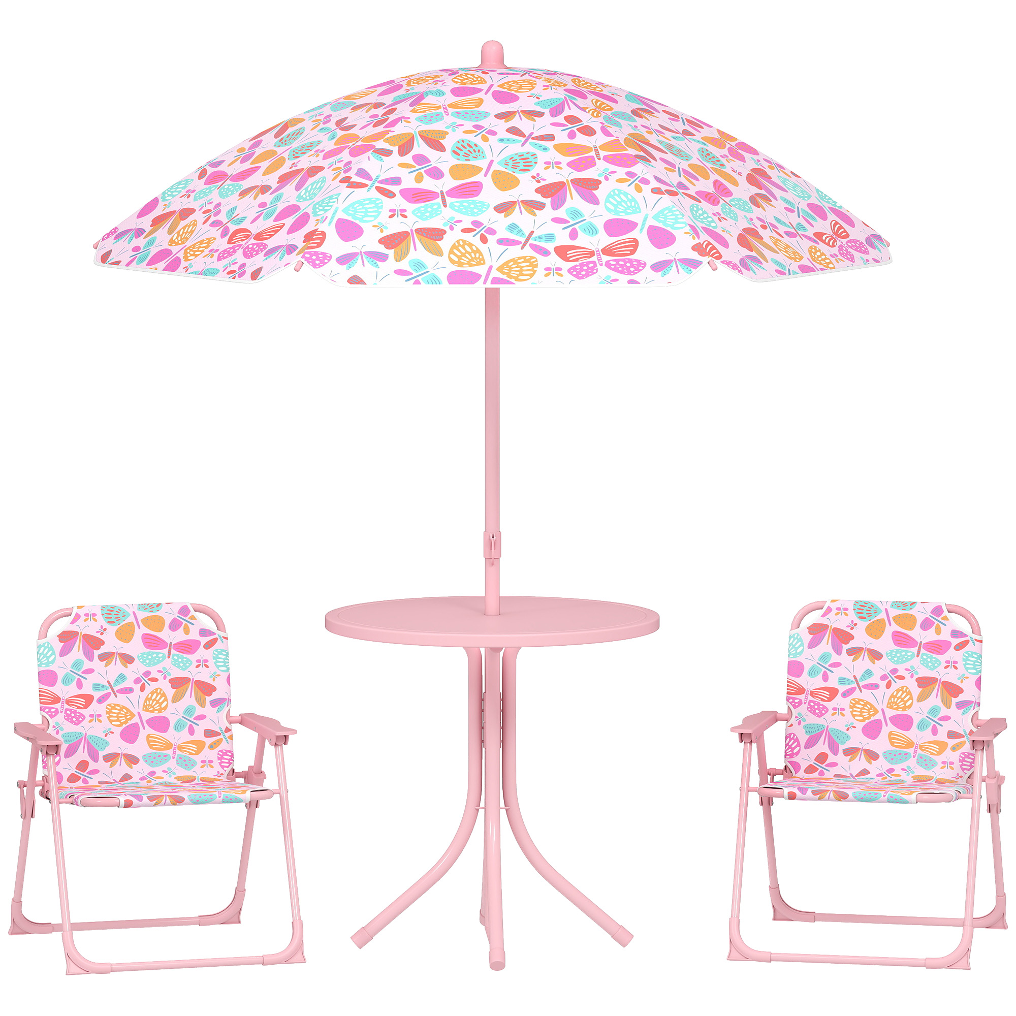Kids Picnic Table and Chair Set, Outdoor Table with Foldable Chairs, Removable Umbrella, Pink
