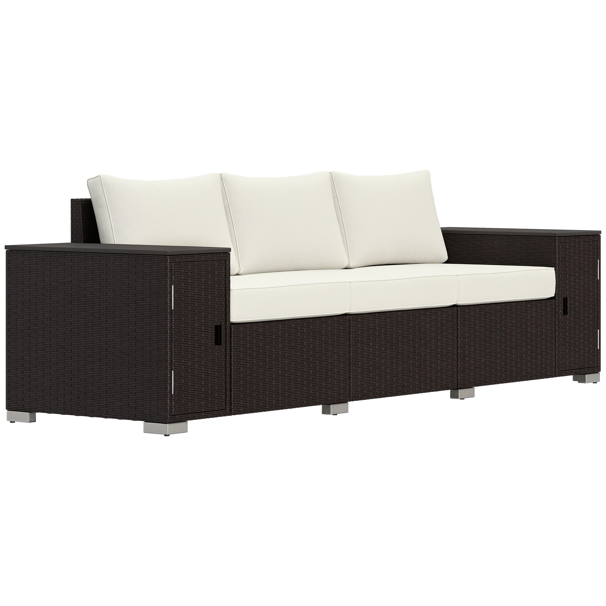 3 Seater Wicker Outdoor Couch Patio Sofa with Storage, Thickened Cushions and Wide Armrests for Porch Yard, Cream White