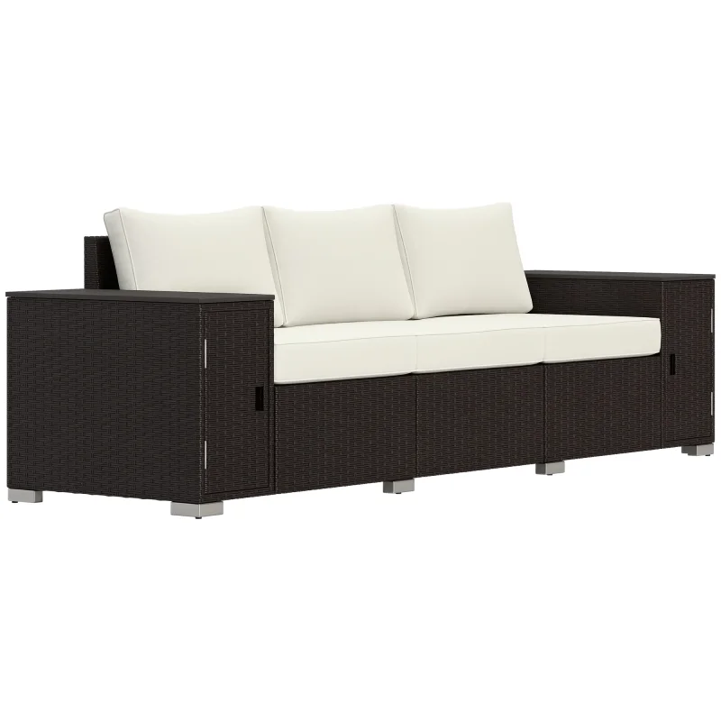 3 Seater Wicker Outdoor Couch Patio Sofa with Storage, Thickened Cushions and Wide Armrests for Porch Yard, Cream White