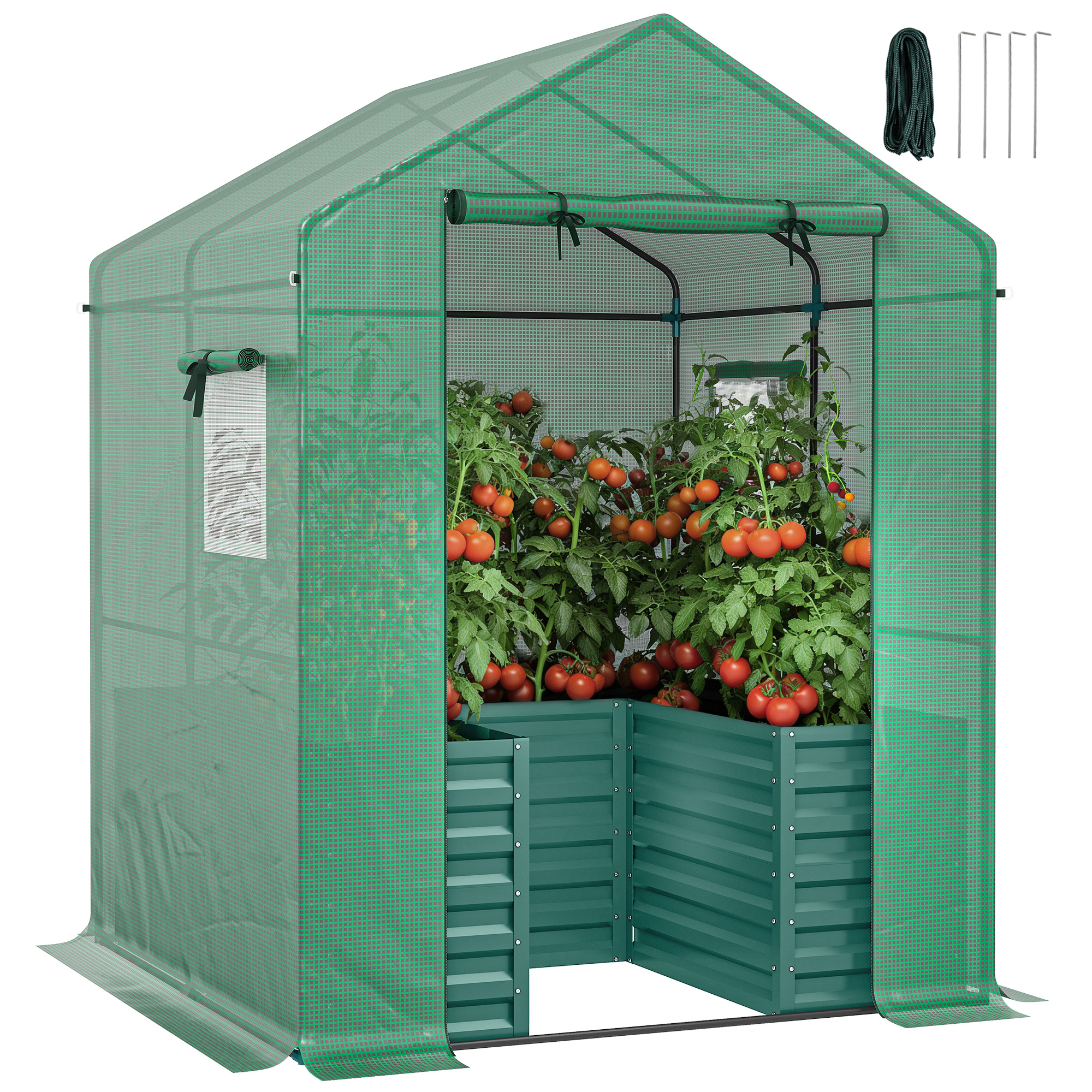Greenhouse with Raised Garden Bed, Galvanized Steel Outdoor Greenhouse with Roll Up Door, 56" x 56" x 75", Green