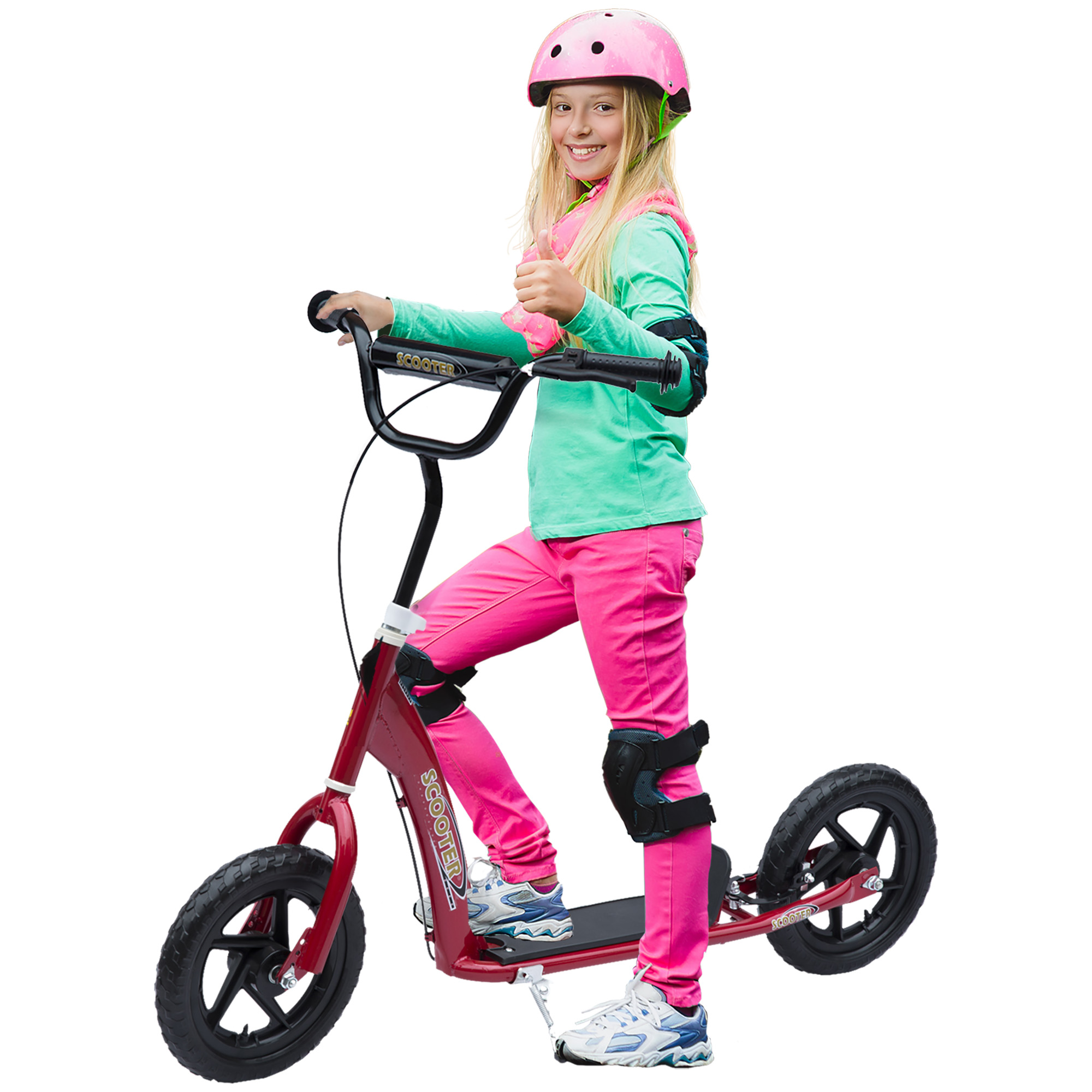 Kick Scooter for Kids 5-12 Years Old with Adjustable Height Handlebar, Non-slip Footplate, Big Wheels, Rear Brake, Red