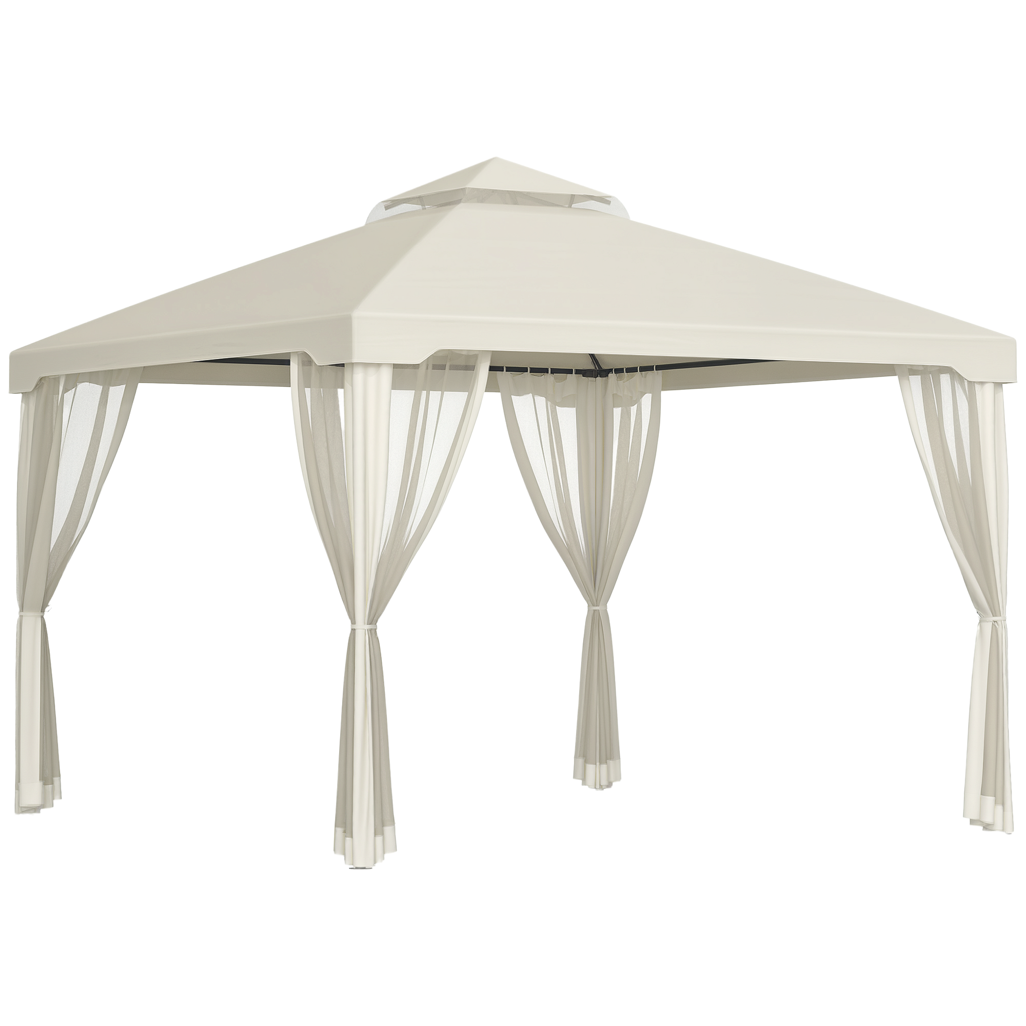 9.6' x 9.6' Patio Gazebo, Outdoor Canopy Shelter with 2-Tier Roof and Netting, Steel Frame for Garden, Lawn, Backyard, and Deck, Cream White