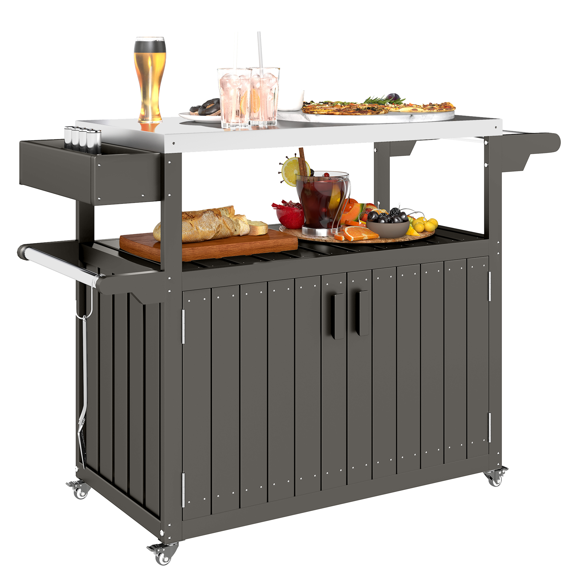 Outdoor Bar Cart with Storage, Stainless Steel Outdoor Bar Table Top, Wheeled HDPE Kitchen Island for Food Prep, Gray
