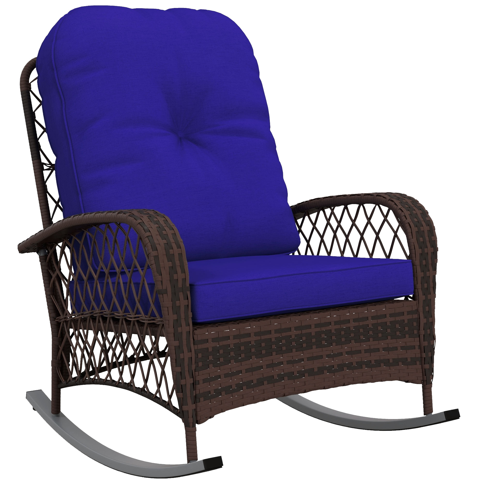 Rattan Porch Rocker w/ Plush Cushion, Dark Blue