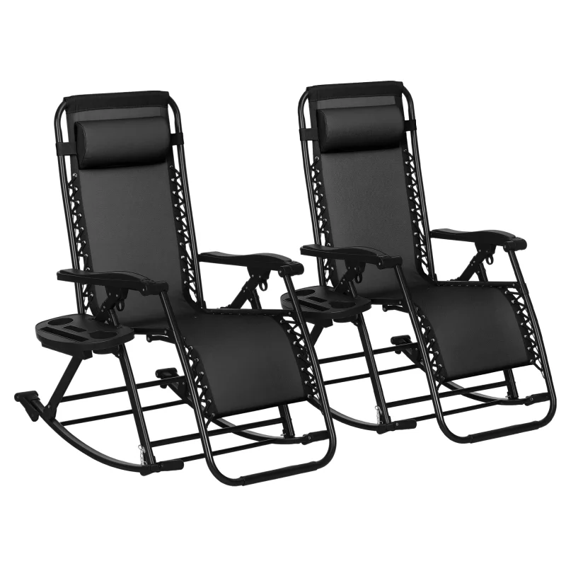 2 Outdoor Rocking Chairs Foldable Reclining Zero Gravity Lounge Rockers w/ Pillow Cup & Phone Holder, Black