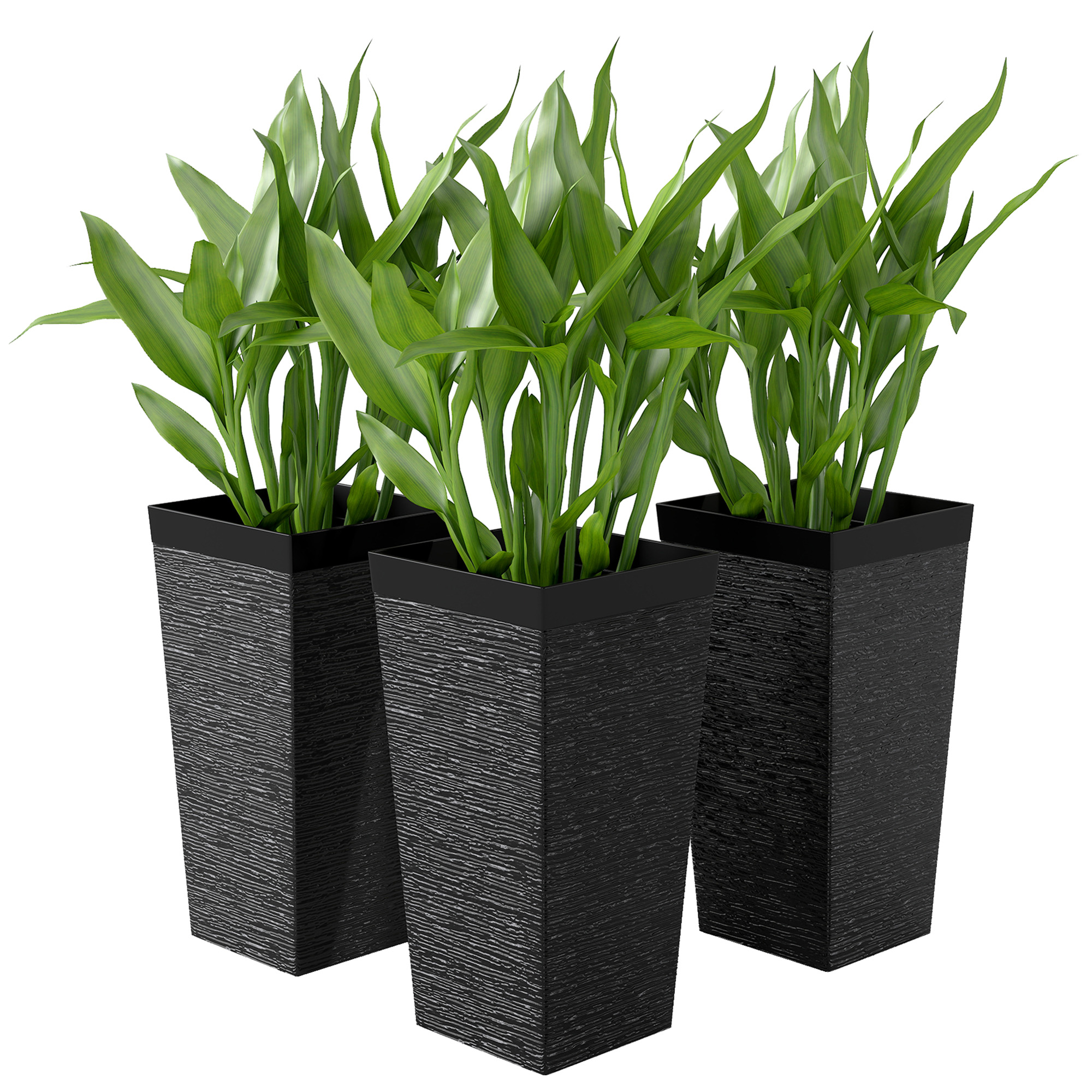 22.8 Inch Set of 3 Outdoor Planters with Stone Finish and Wheels, Stackable Tapered Planters with Drainage Hole, Black