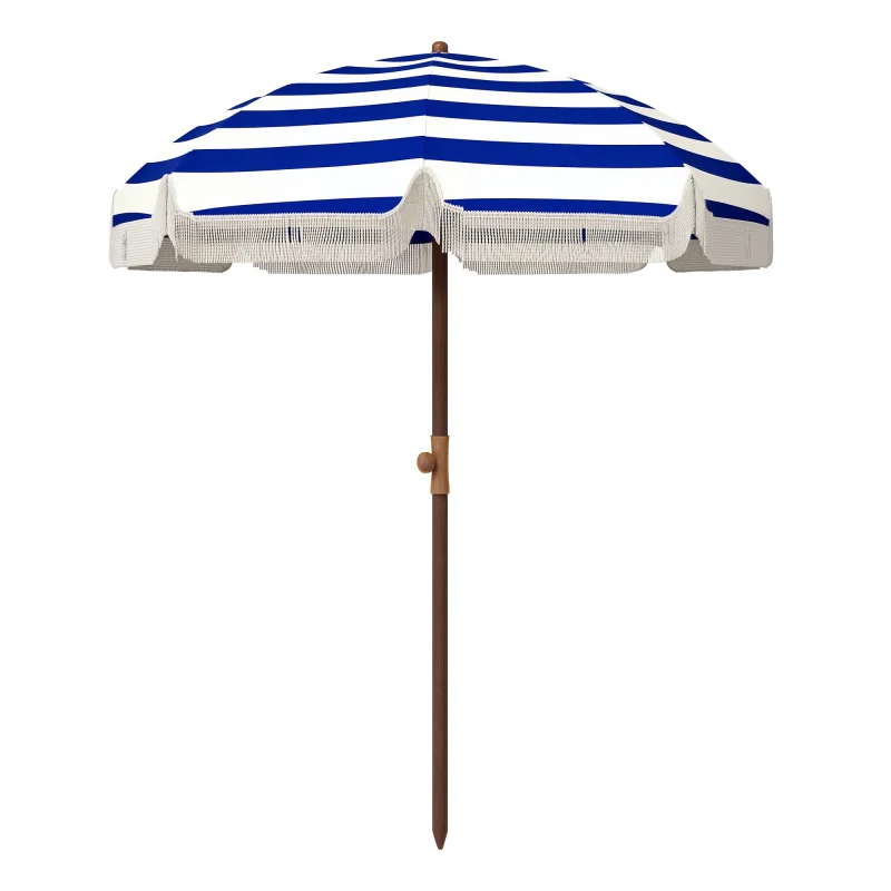6.2' Beach Umbrella for Travel, Vent, Ruffles, Carry Bag, Portable Outdoor Umbrella for Garden, Blue Stripe