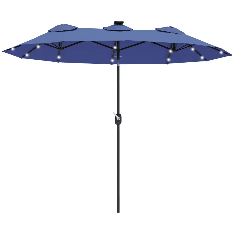Double-sided Patio Umbrella, 9.7' Outdoor Umbrella with Tilt and Crank, LED Solar Light and 12 Ribs, Navy Blue
