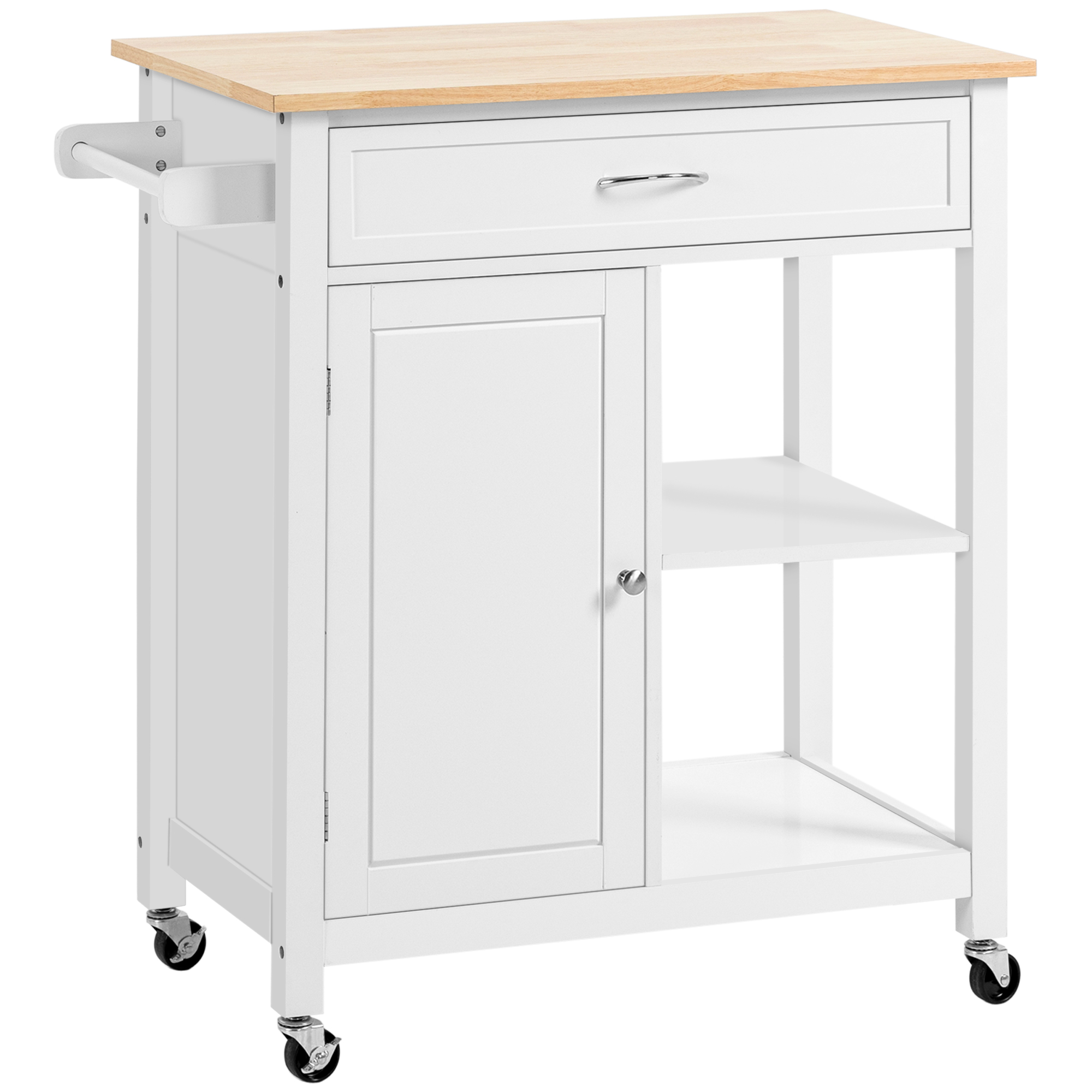 Kitchen Island Cart, Rolling Kitchen Island with Storage Shelf, Solid Wood Top, Drawer, for Dining Room, White