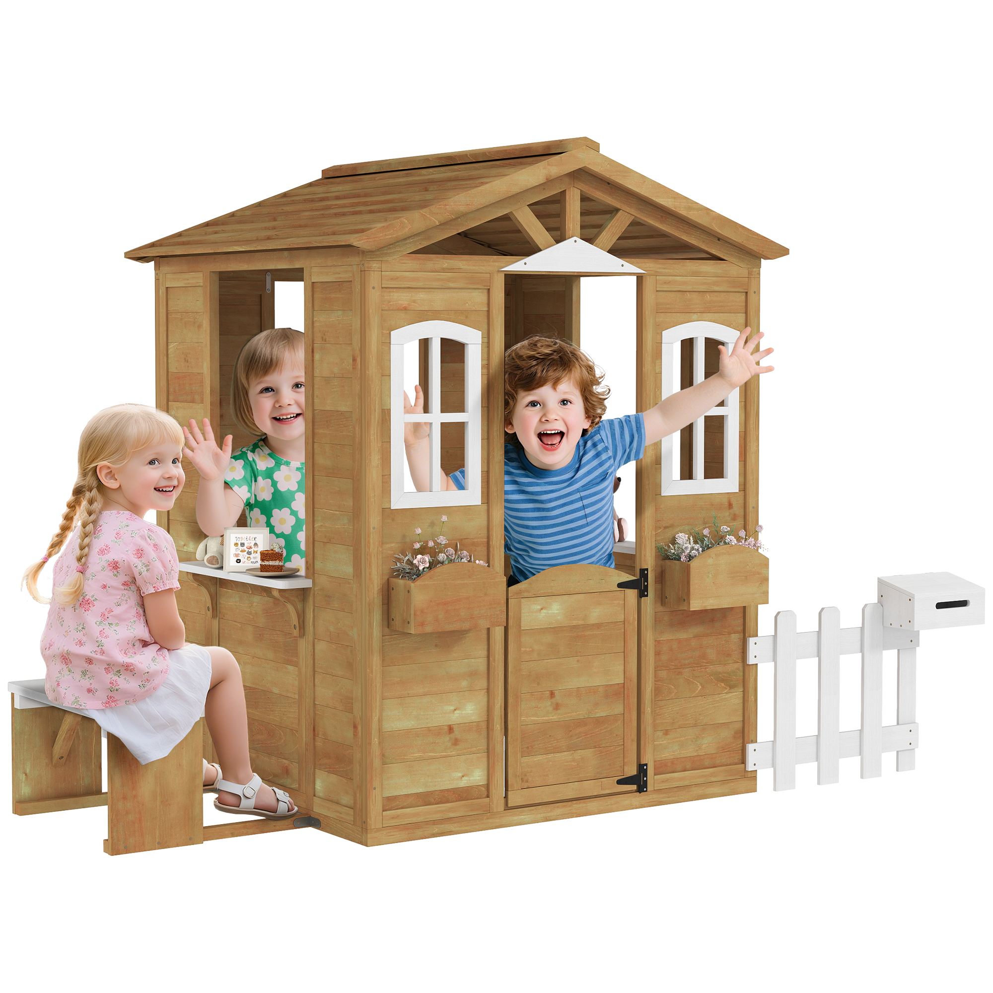 Outdoor Playhouse for Kids Wooden Cottage with Working Doors Windows & Mailbox for Age 3-6 Years, Natural Wood