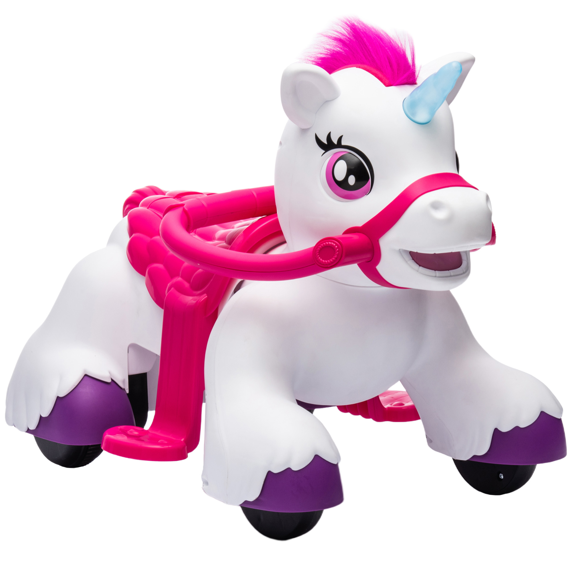 12V Unicorn Ride on Horse with Carrot Toy, Comb, Animal Sounds, for Girls Boys Aged 1.5-3 Years Old