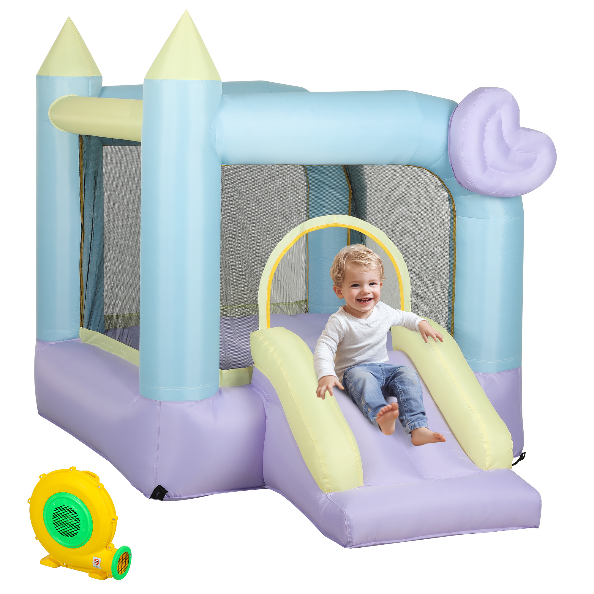 Inflatable Bounce House with Air Blower, Slide, Stakes, Repair Patches, Storage Bag, for Kids Ages 3-8, 98" x 65" x 79"
