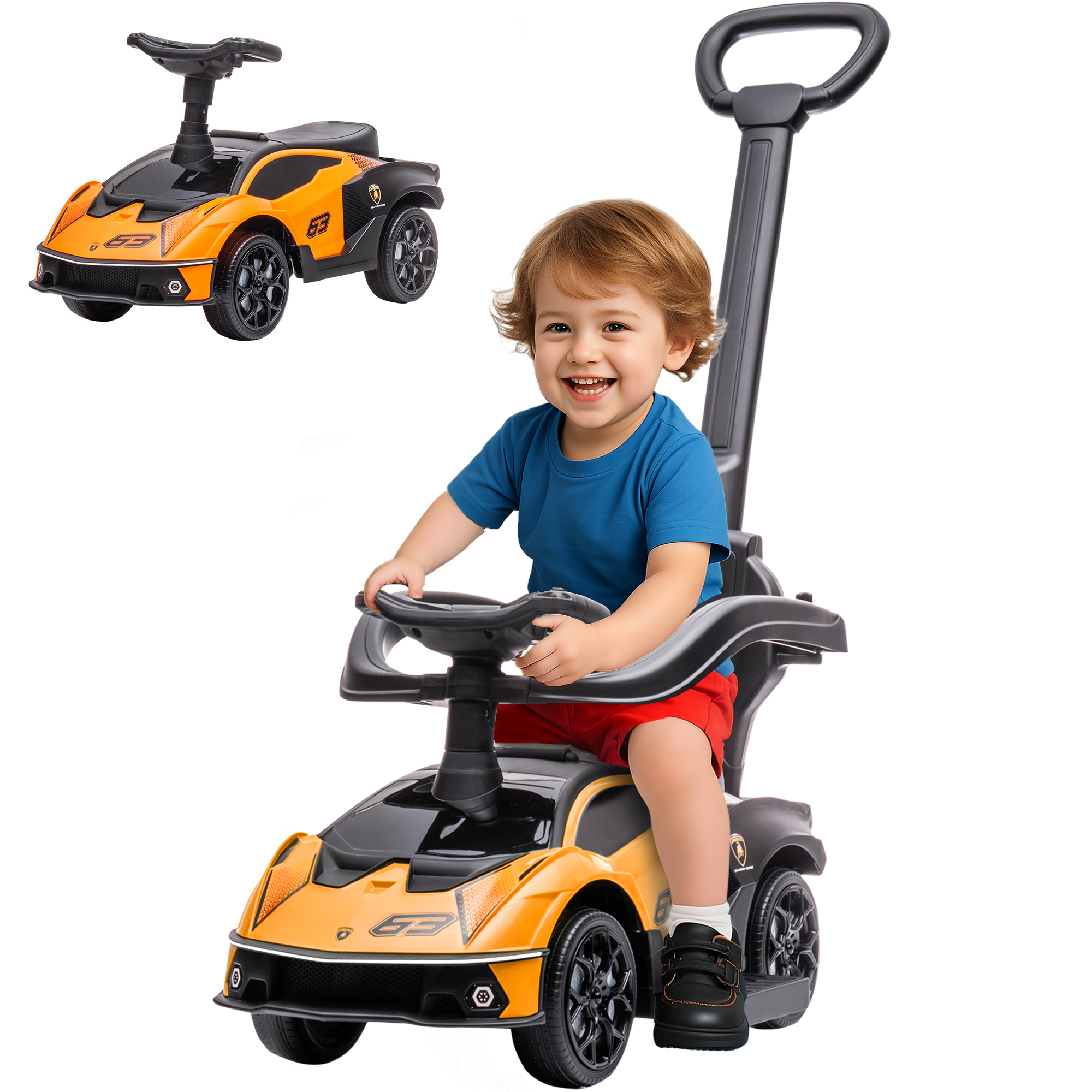 2-in-1 Ride On Push Car for Toddlers 1-3, Licensed Lamborghini Stroller Sliding Car, Push-Along with Under Seat Storage Horn Engine Sound and Steering Wheel, Manual, Orange